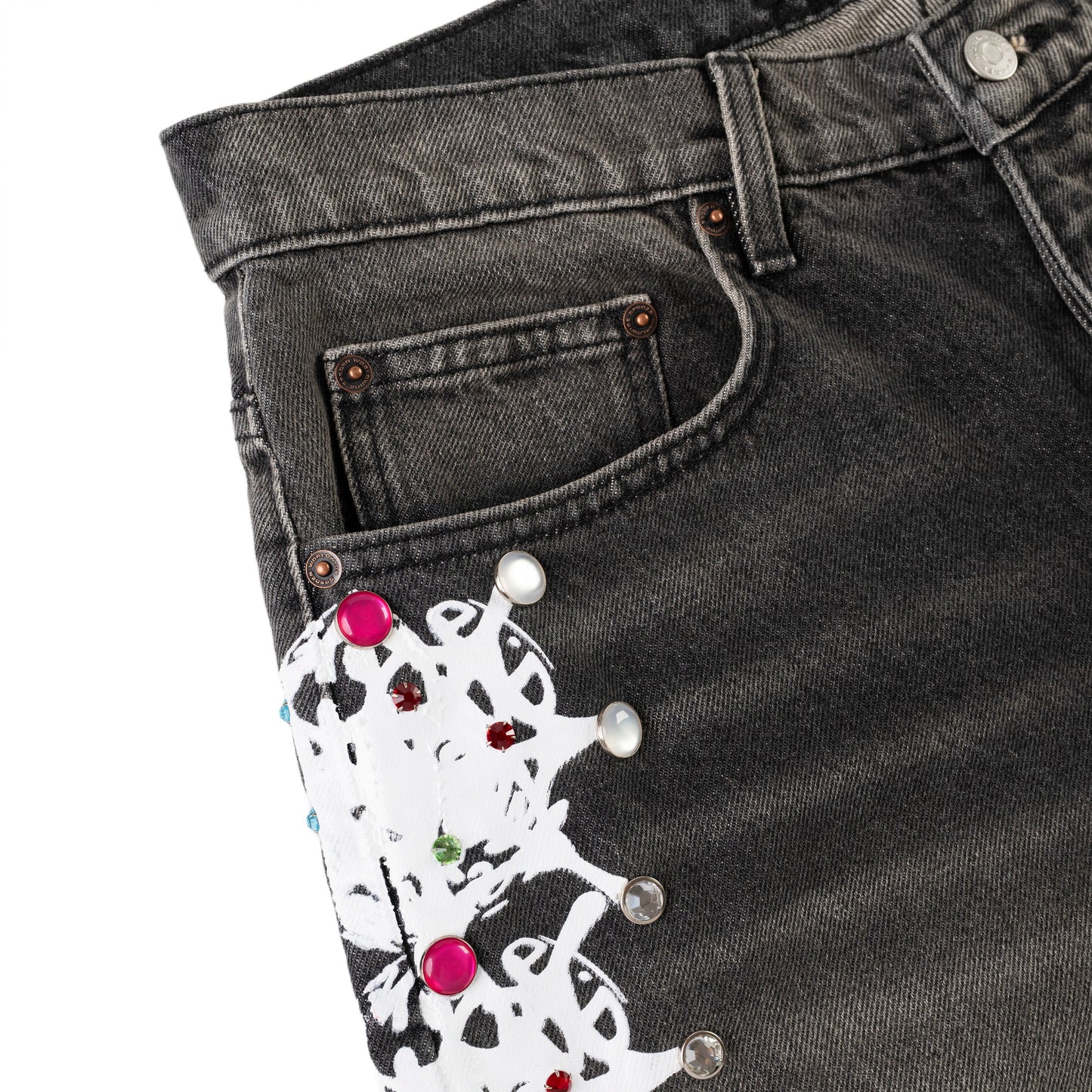 BLACK WASH WEB STONE DENIM SHORTS