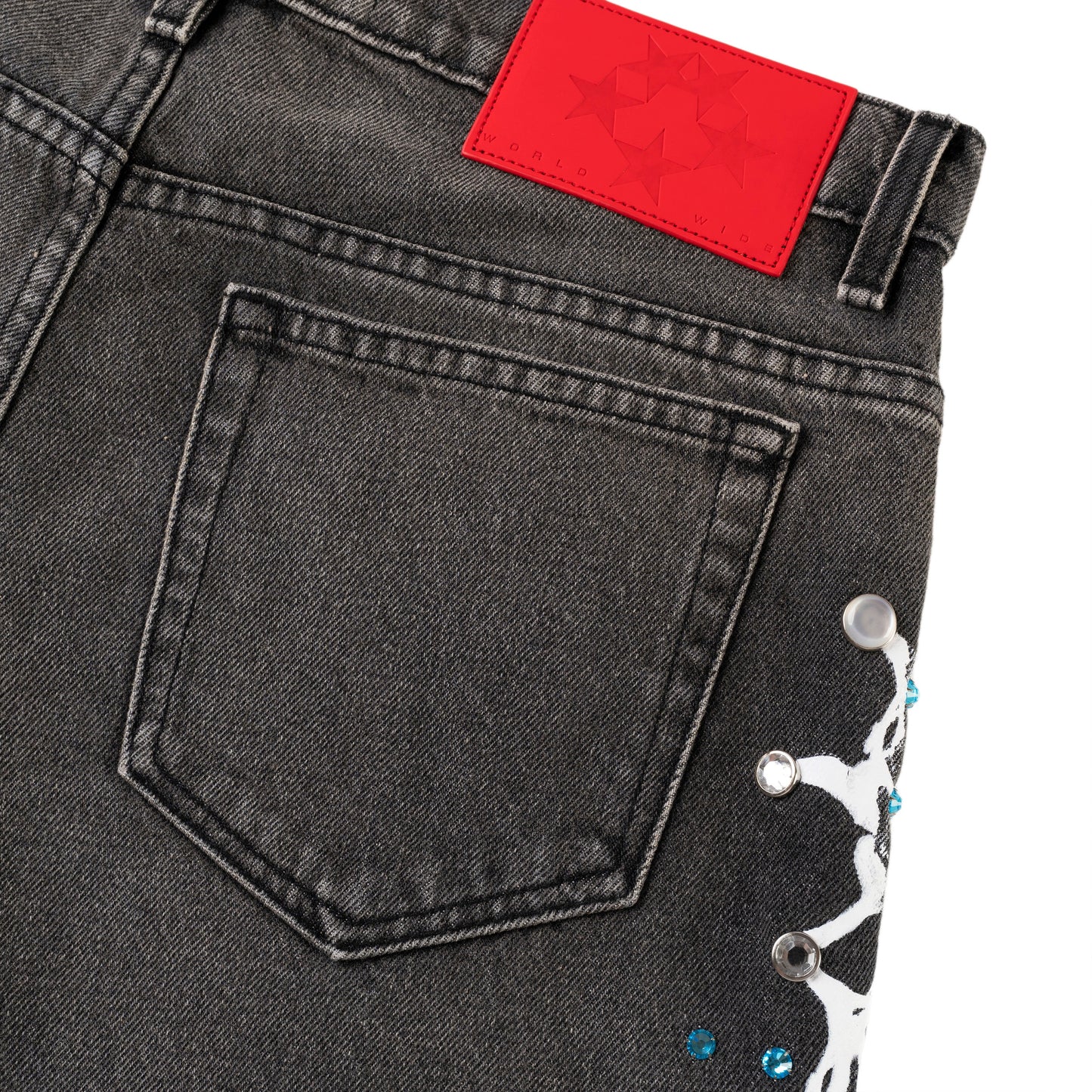 BLACK WASH WEB STONE DENIM SHORTS