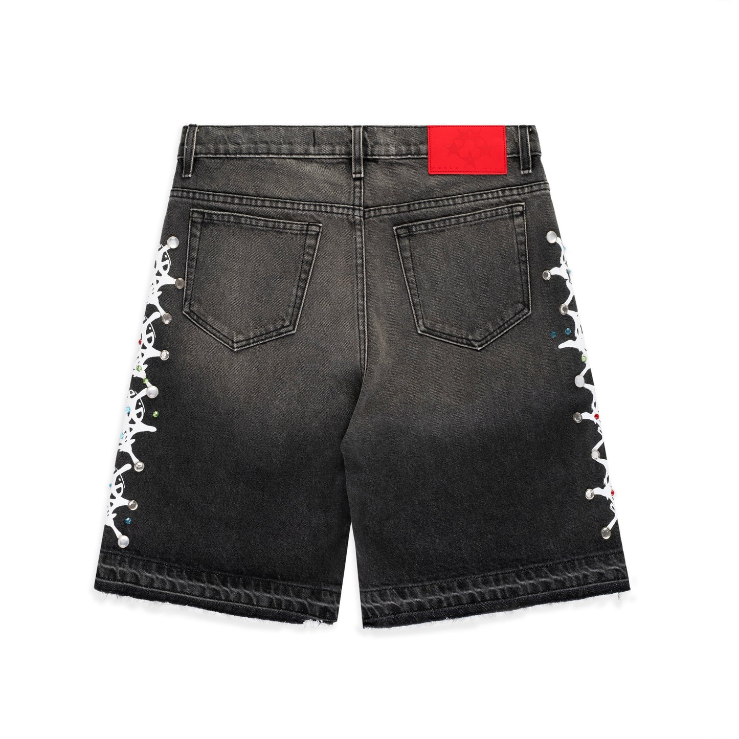 BLACK WASH WEB STONE DENIM SHORTS