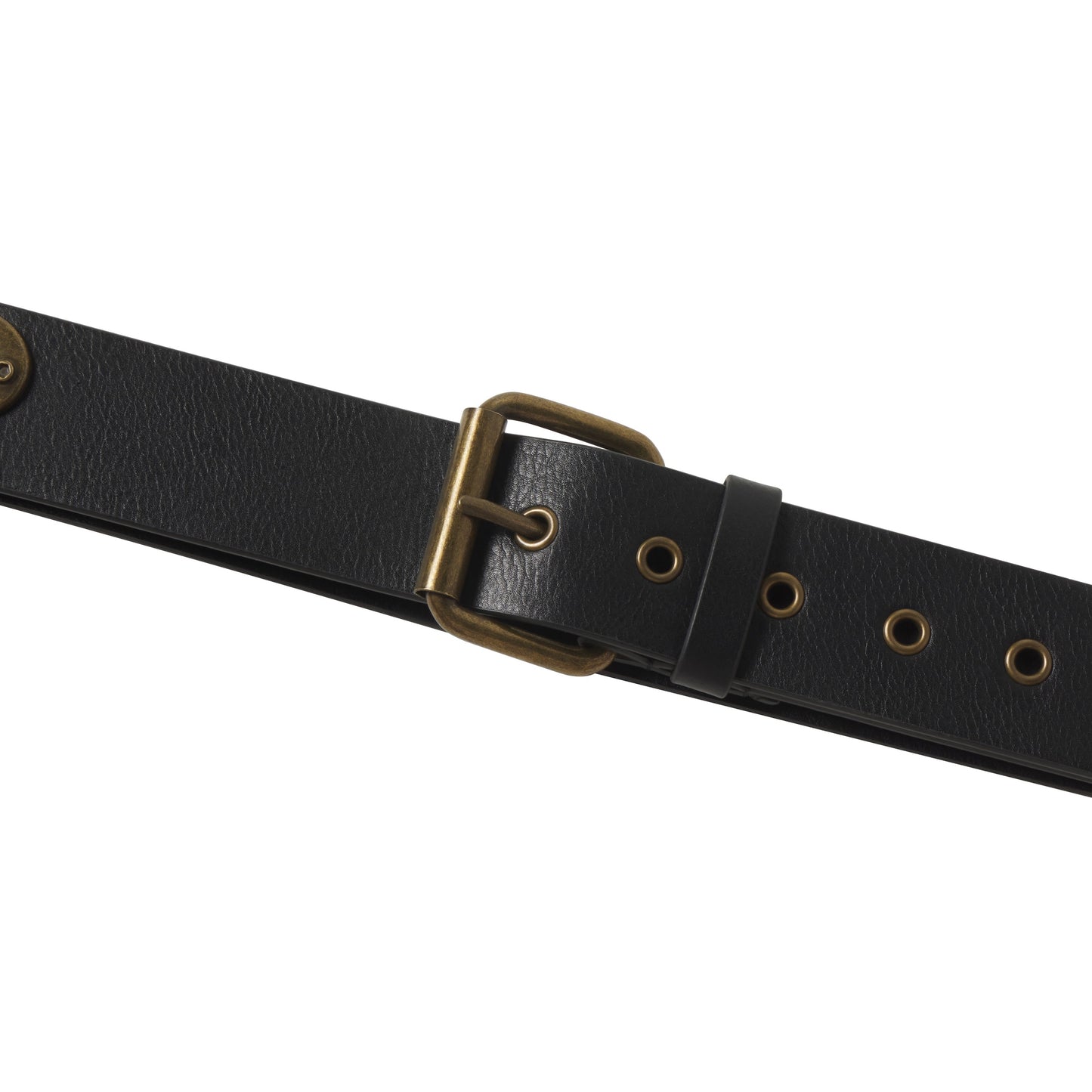 Black leather belt featuring an antique-finish metal buckle and matching grommet detailing for an adjustable fit.