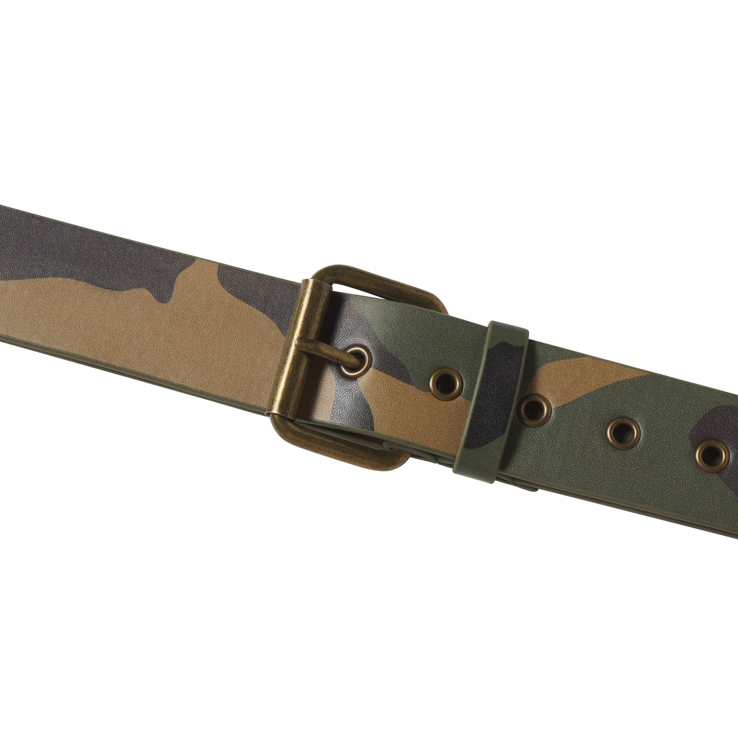Leather belt with a green camouflage graphic print and an antique-finish metal buckle with adjustable eyelet holes.