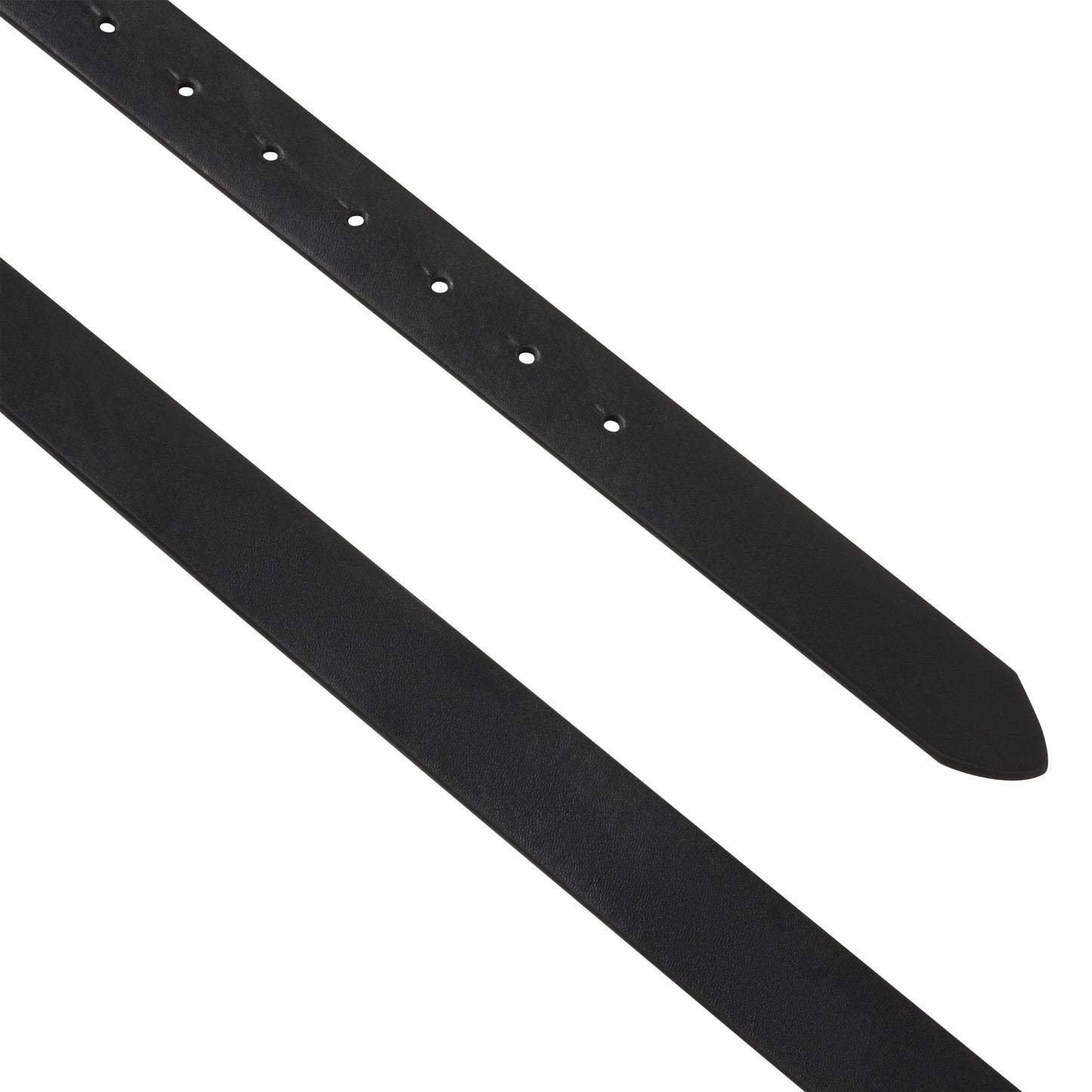Black leather belt featuring a pointed tip and multiple adjustment holes for a customizable fit.