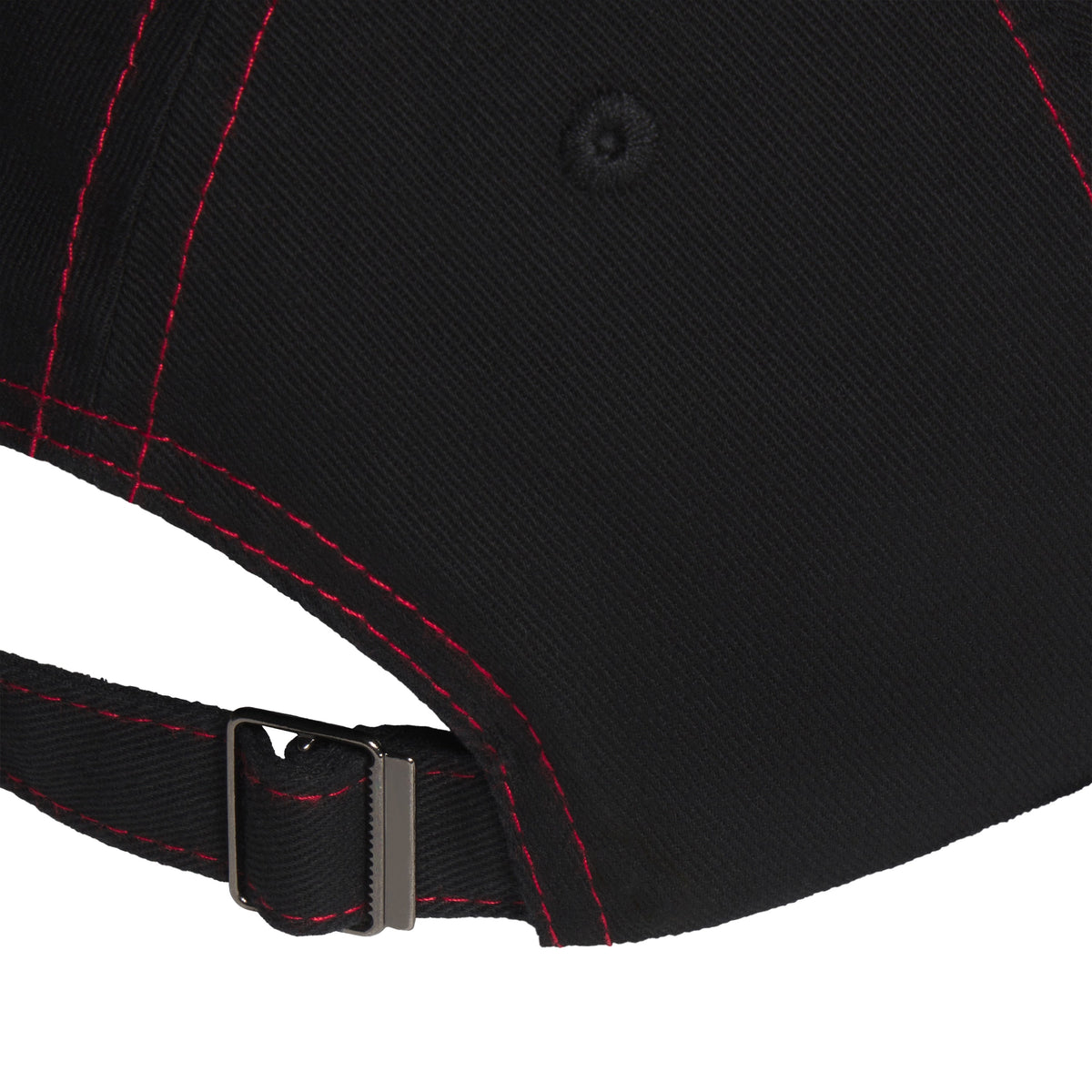 Black baseball cap with red contrast stitching and an adjustable metal buckle strap closure.