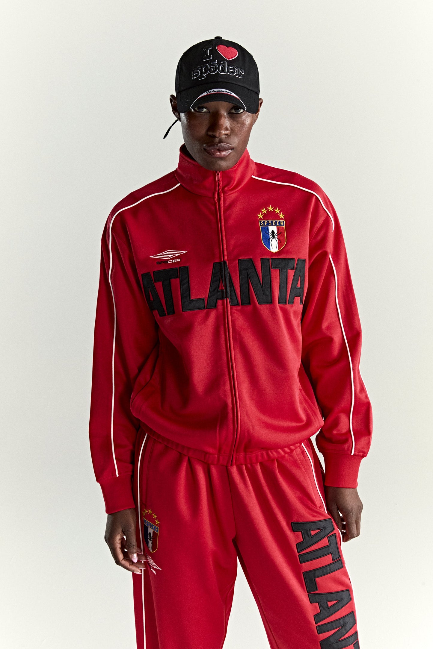 RED ATLANTA TRACK JACKET ON MODEL