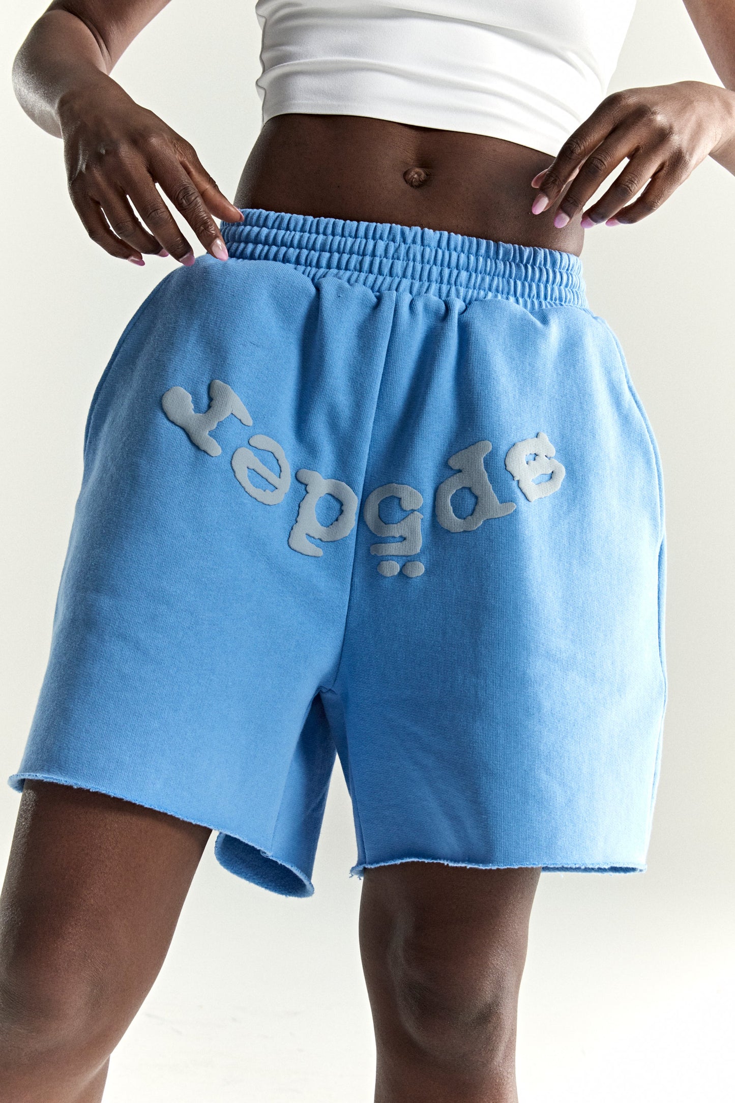 DUSTY BLUE OG WEB V2 SWEATSHORT ON MODEL