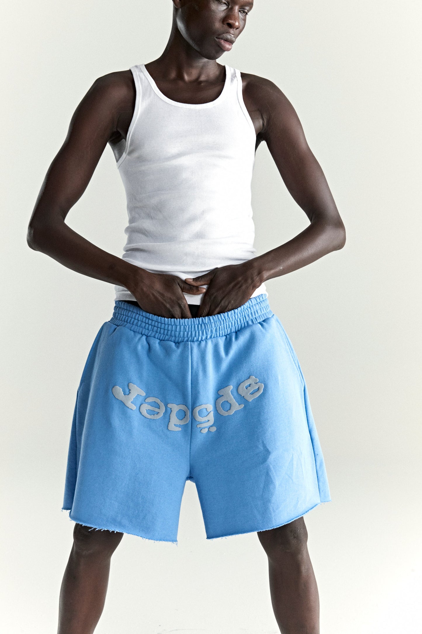 DUSTY BLUE OG WEB V2 SWEATSHORT ON MODEL