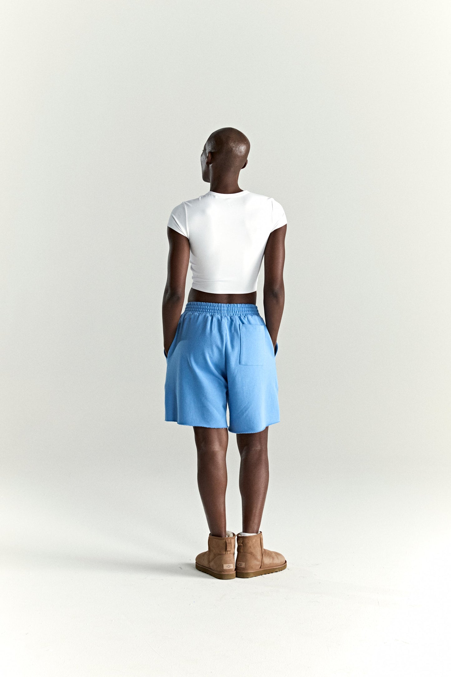 DUSTY BLUE OG WEB V2 SWEATSHORT ON MODEL