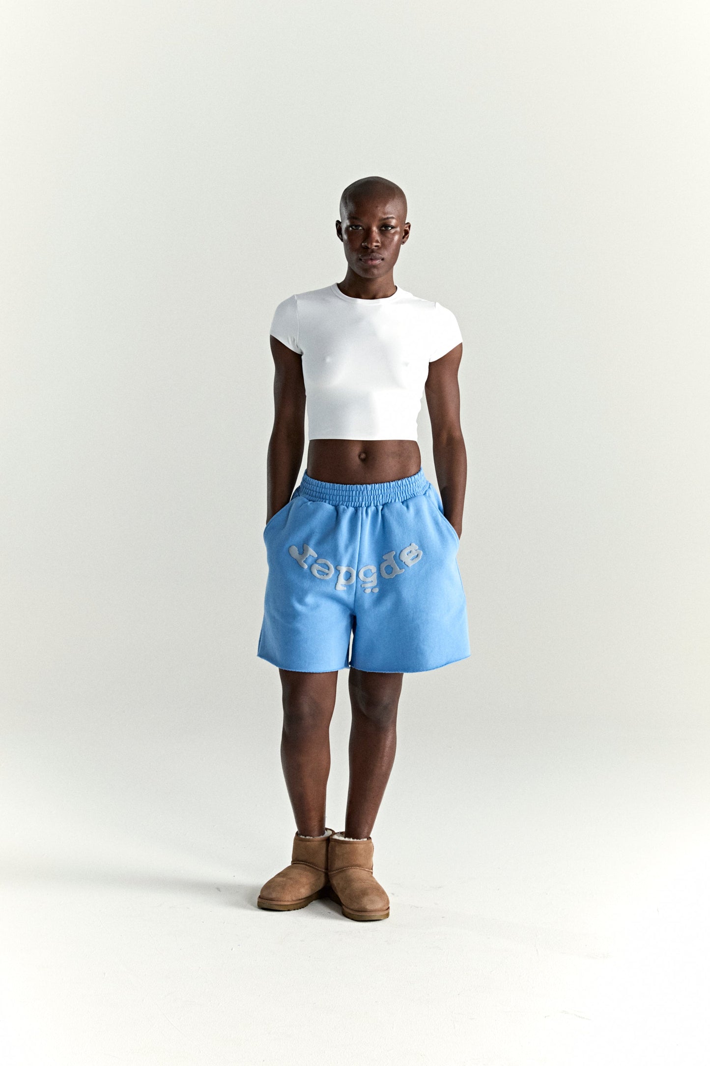 DUSTY BLUE OG WEB V2 SWEATSHORT ON MODEL