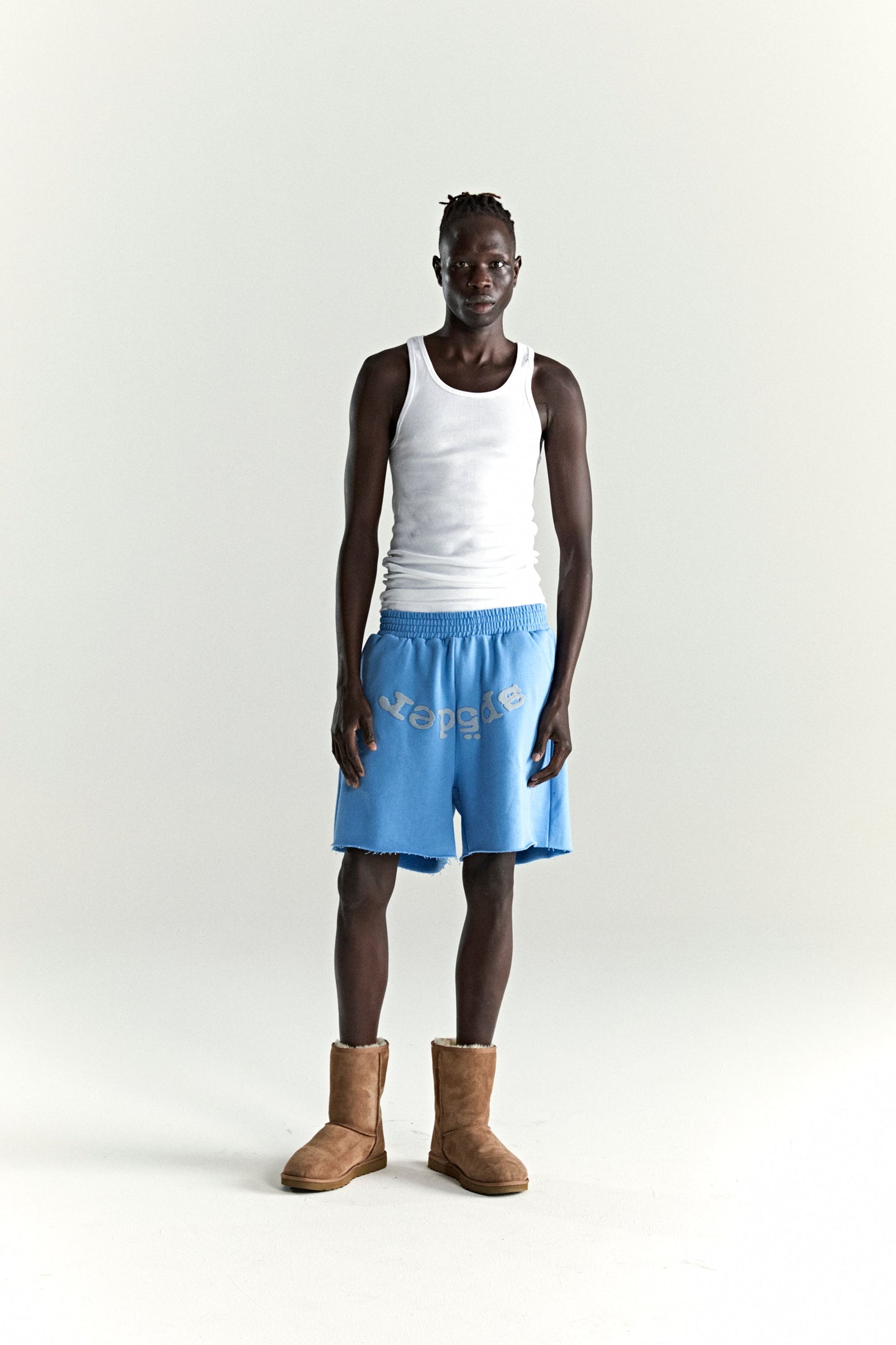 DUSTY BLUE OG WEB V2 SWEATSHORT ON MODEL