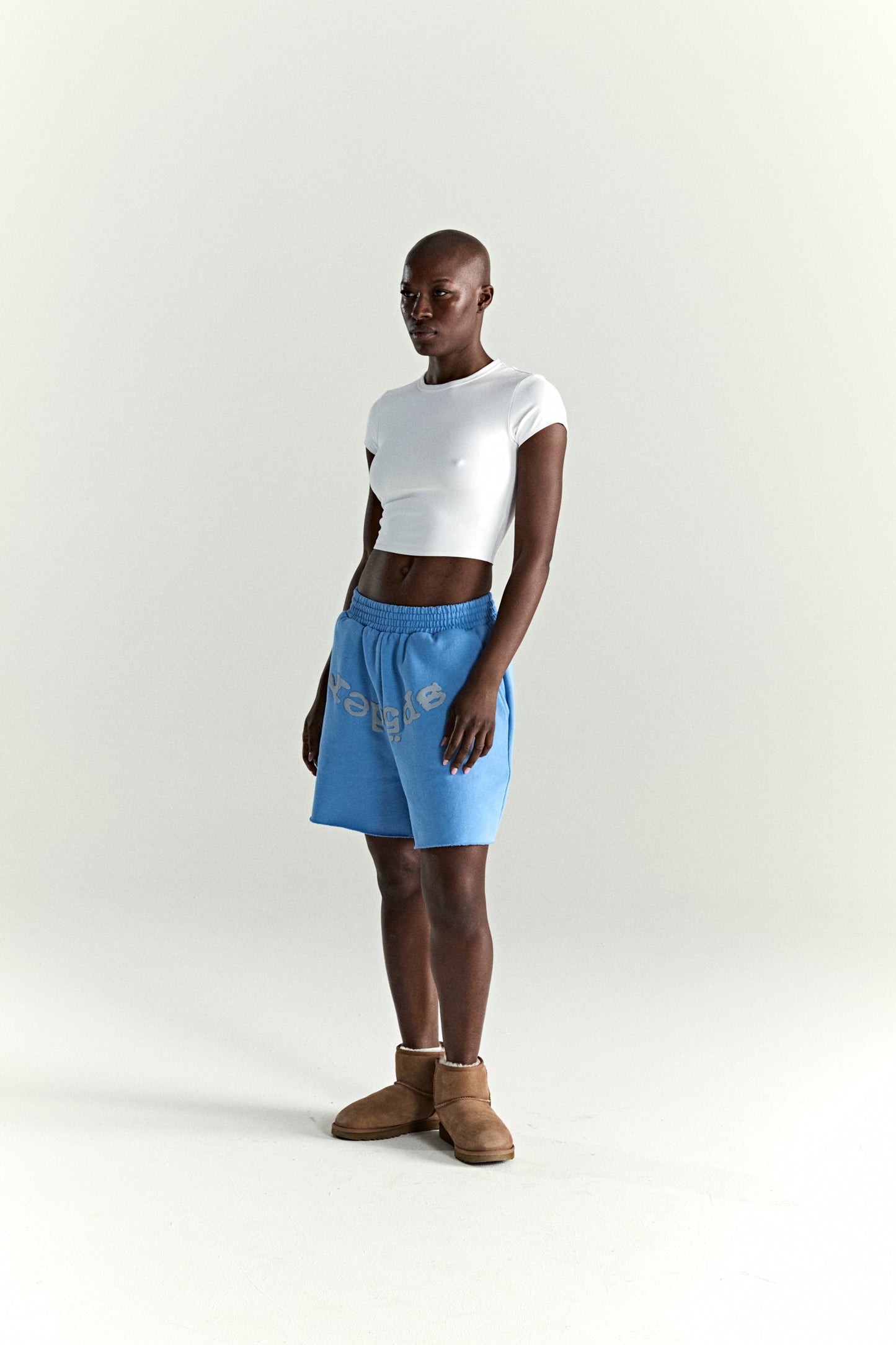 DUSTY BLUE OG WEB V2 SWEATSHORT ON MODEL