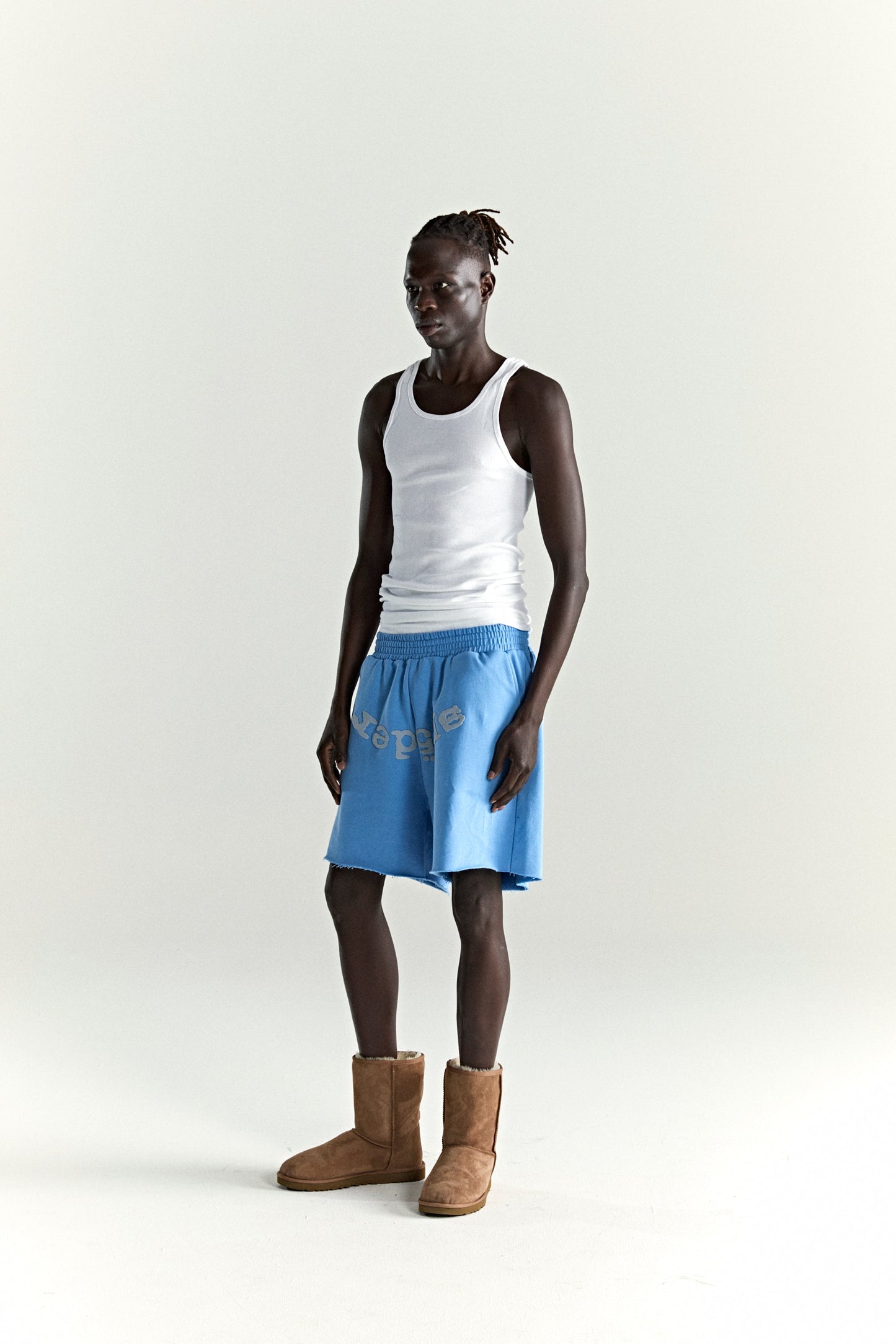 DUSTY BLUE OG WEB V2 SWEATSHORT ON MODEL