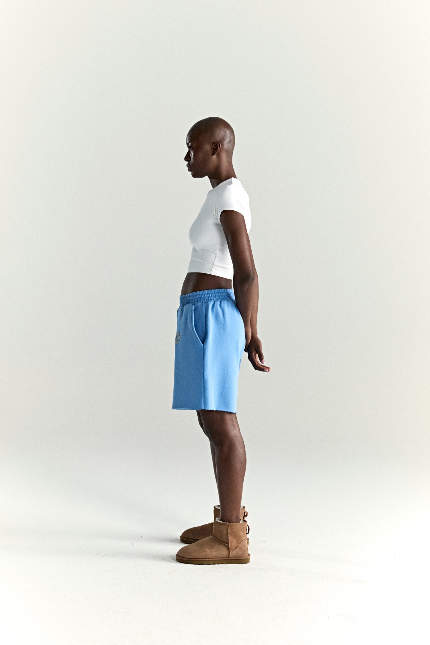 DUSTY BLUE OG WEB V2 SWEATSHORT ON MODEL