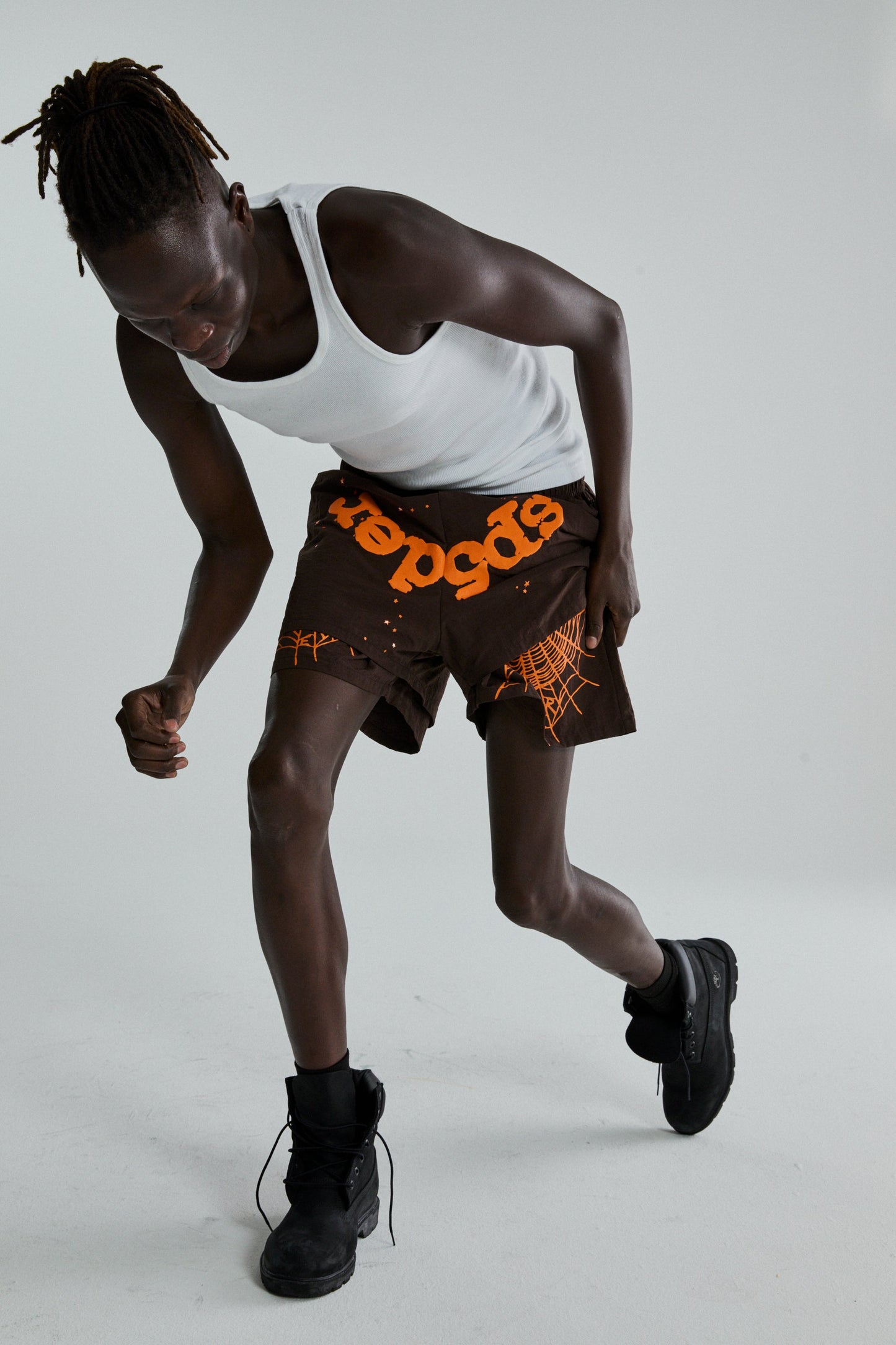BROWN OG WEB DOUBLE LAYER SHORTS ON MODEL