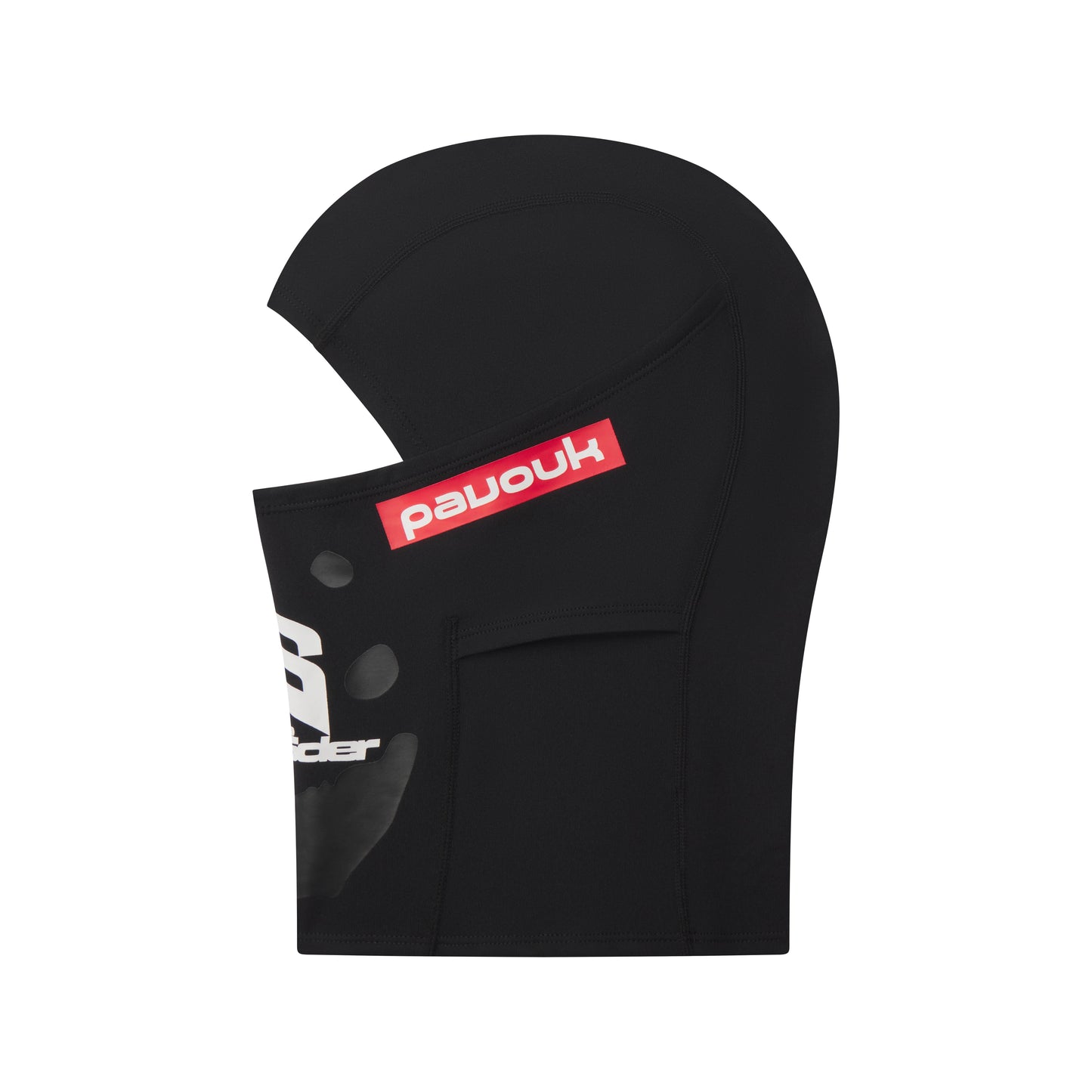 Black spandex SP5DER soccer face mask with white graphic print and red "paouok" label.