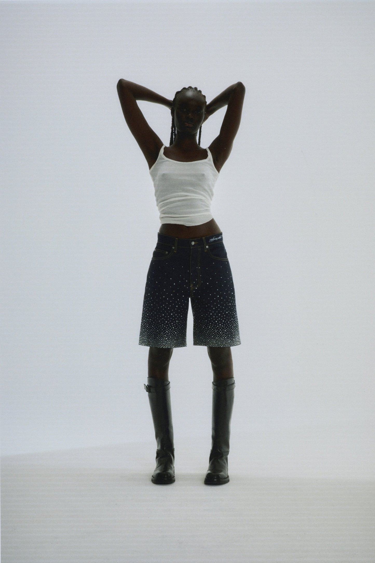 INDIGO STAR DUST DENIM SHORT ON MODEL