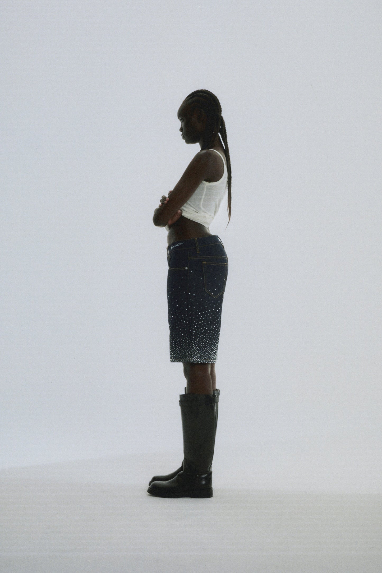 INDIGO STAR DUST DENIM SHORT ON MODEL