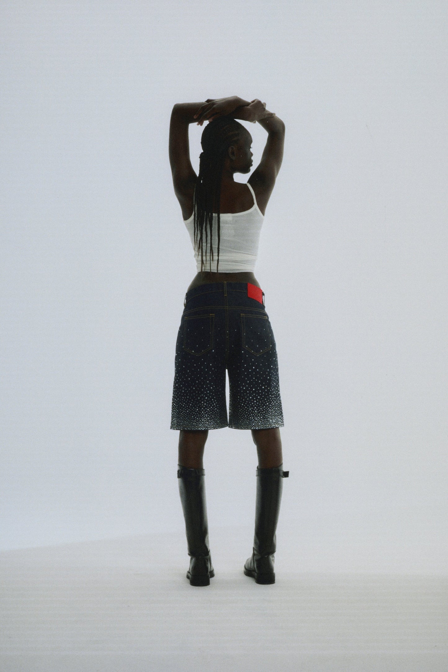 INDIGO STAR DUST DENIM SHORT ON MODEL