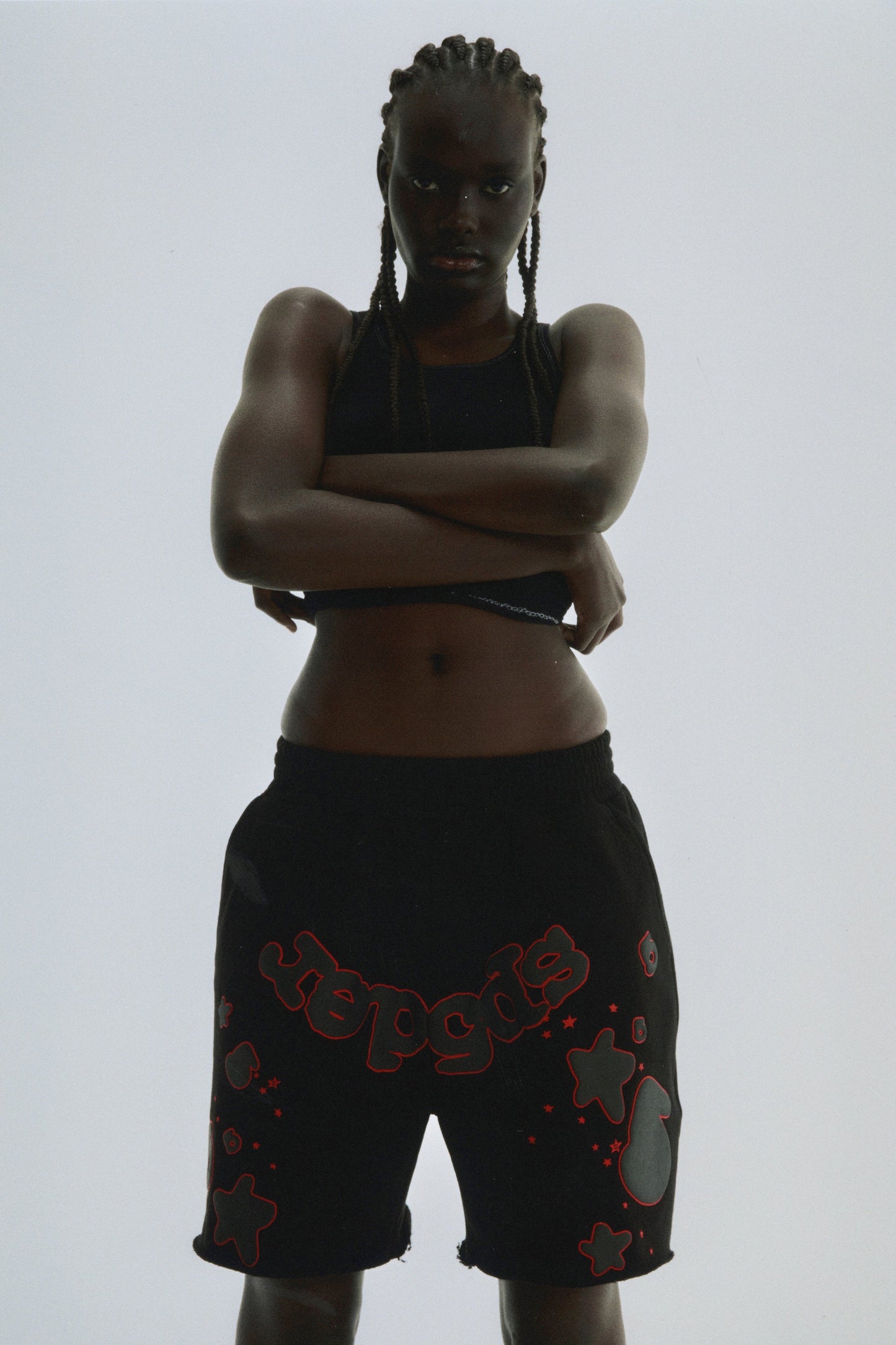 BLACK BELUGA OUTLINE SWEATSHORT ON MODEL