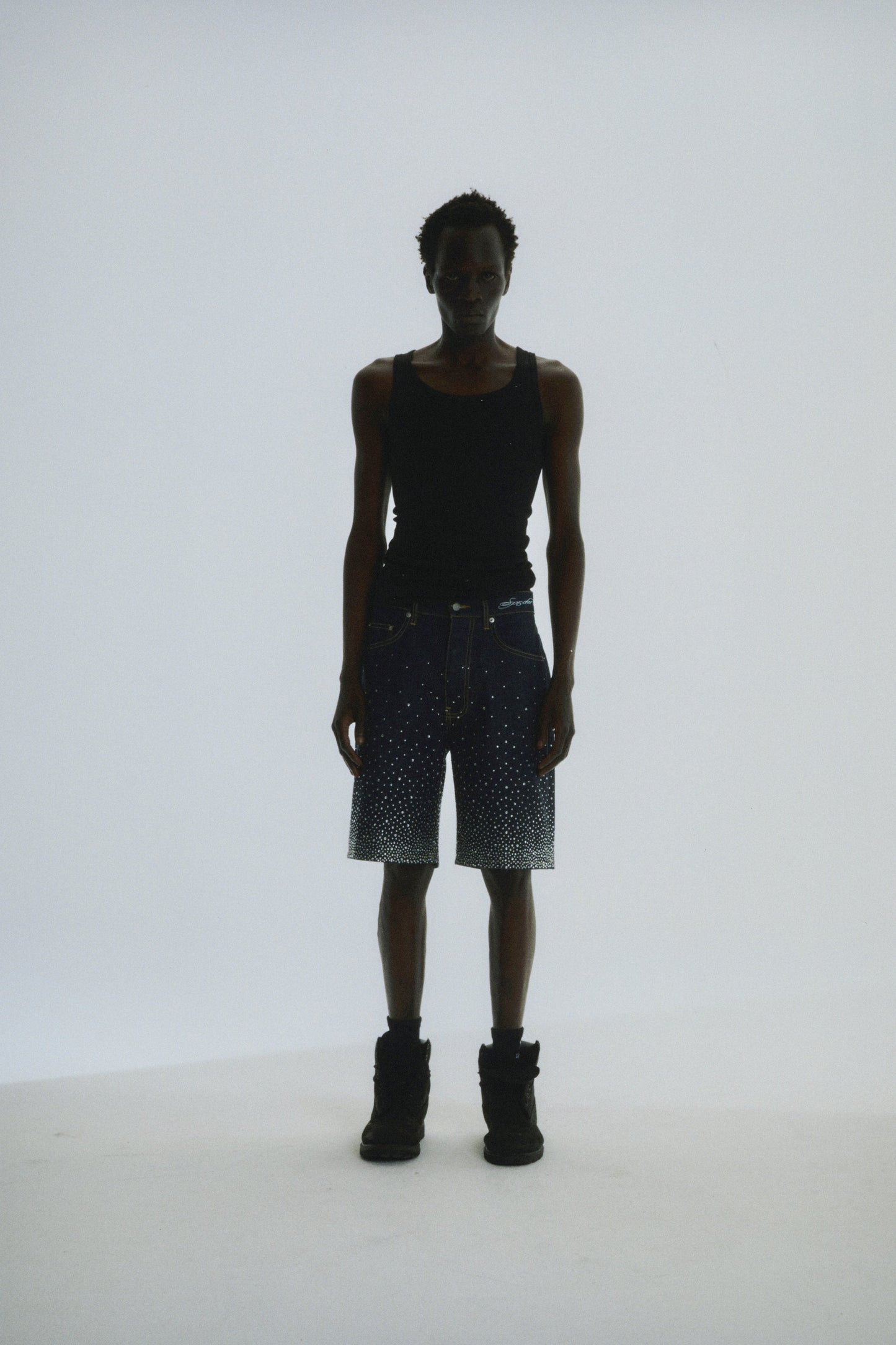 INDIGO STAR DUST DENIM SHORT ON MODEL