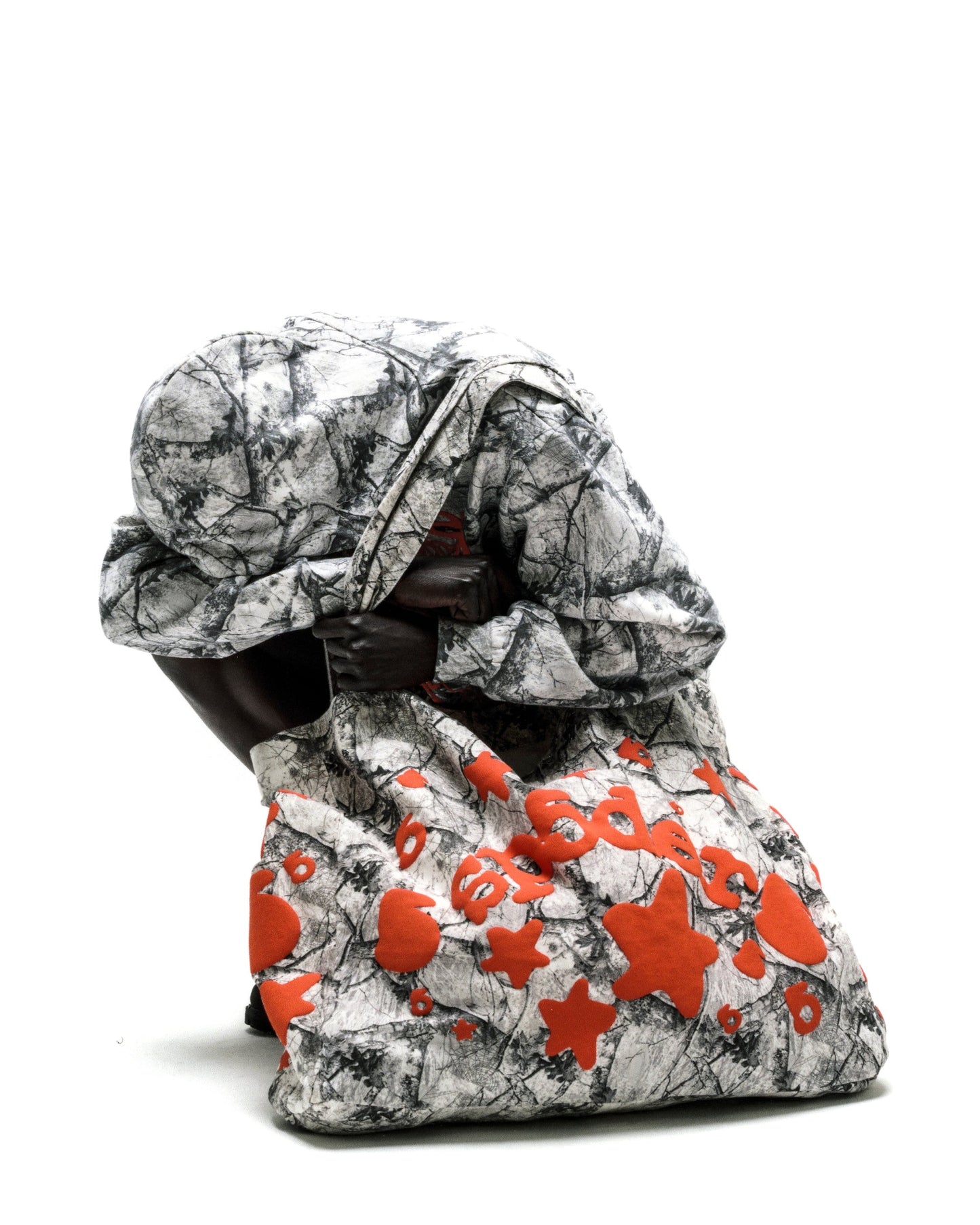 REALTREE BELUGA TOTE BAG, 8oz brushed twill with gray Realtree design and orange Beluga graphic.