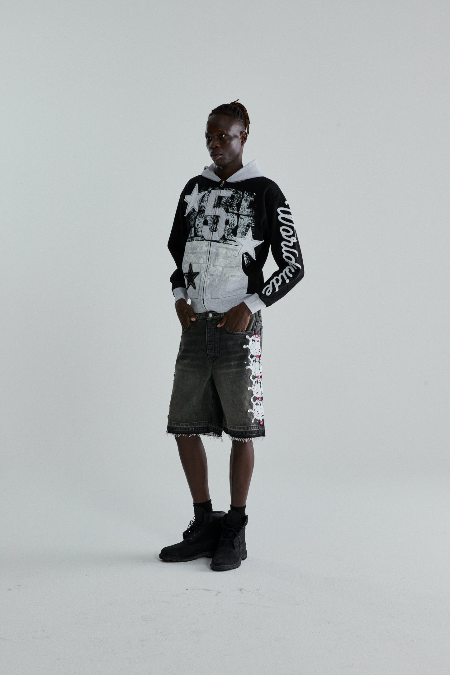 BLACK TRIPLE 5 STITCH ZIP UP ON MODEL