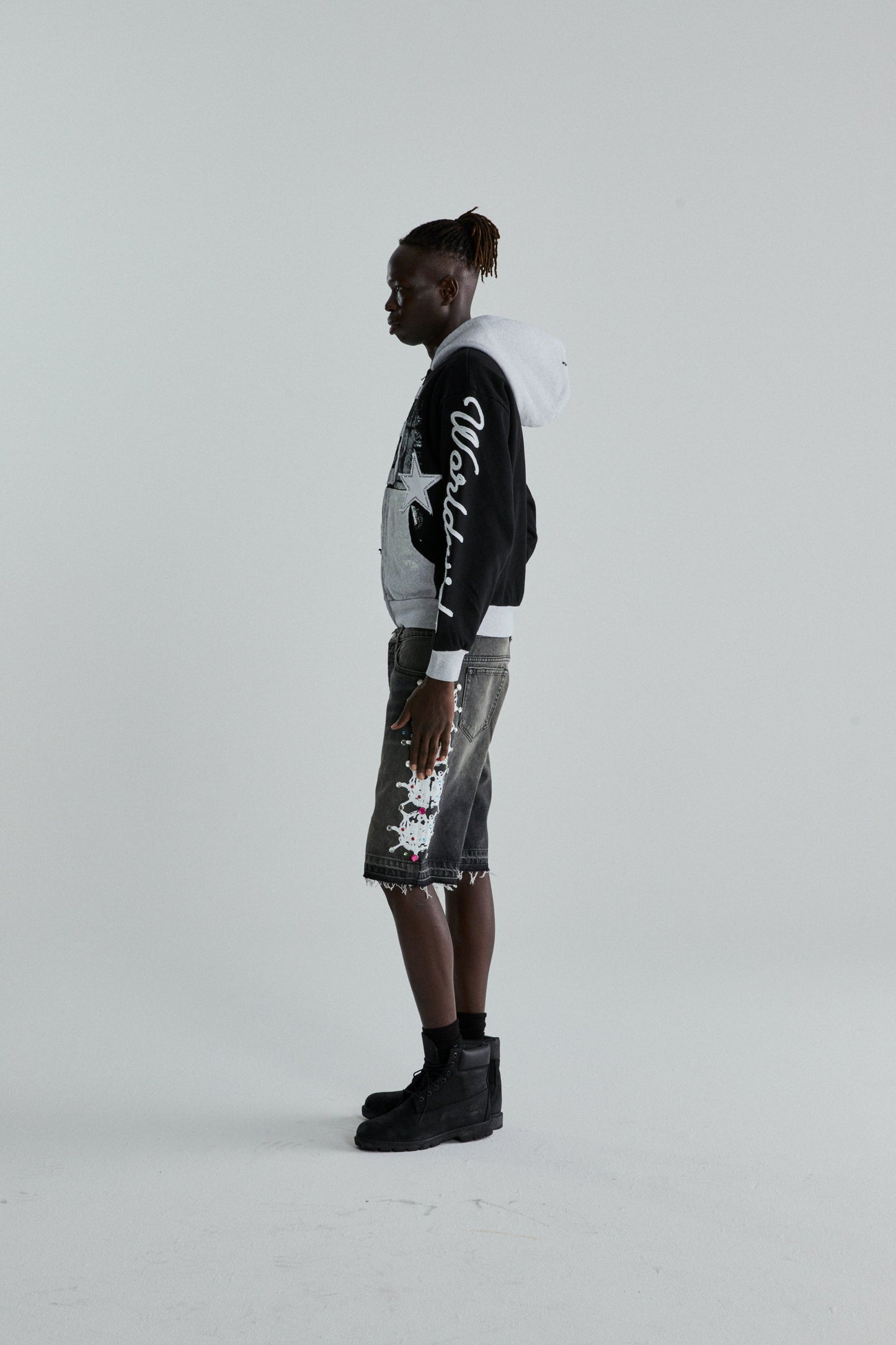 BLACK TRIPLE 5 STITCH ZIP UP ON MODEL