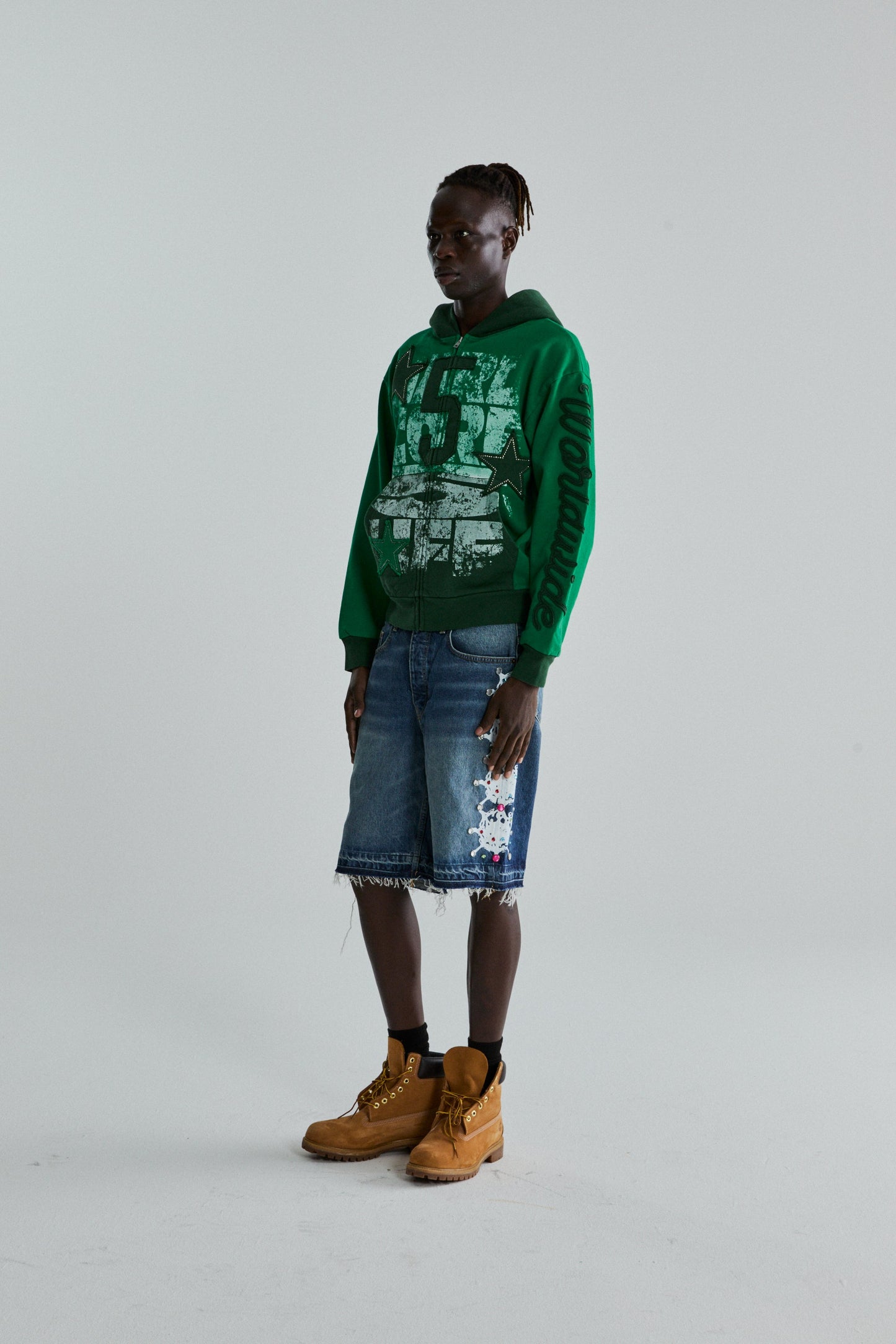 GREEN TRIPLE 5 STITCH ZIP UP ON MODEL