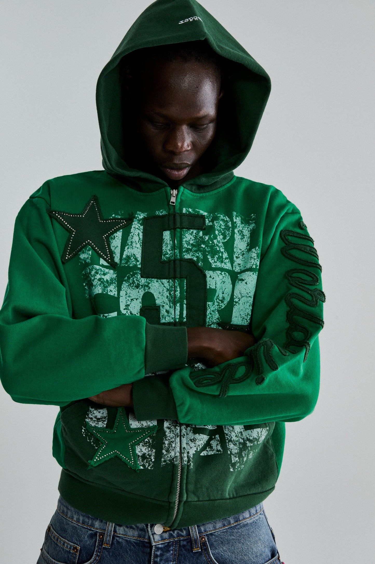 GREEN TRIPLE 5 STITCH ZIP UP ON MODEL