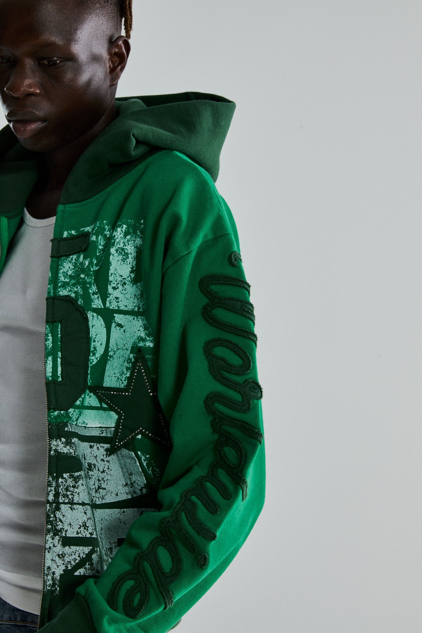 GREEN TRIPLE 5 STITCH ZIP UP ON MODEL