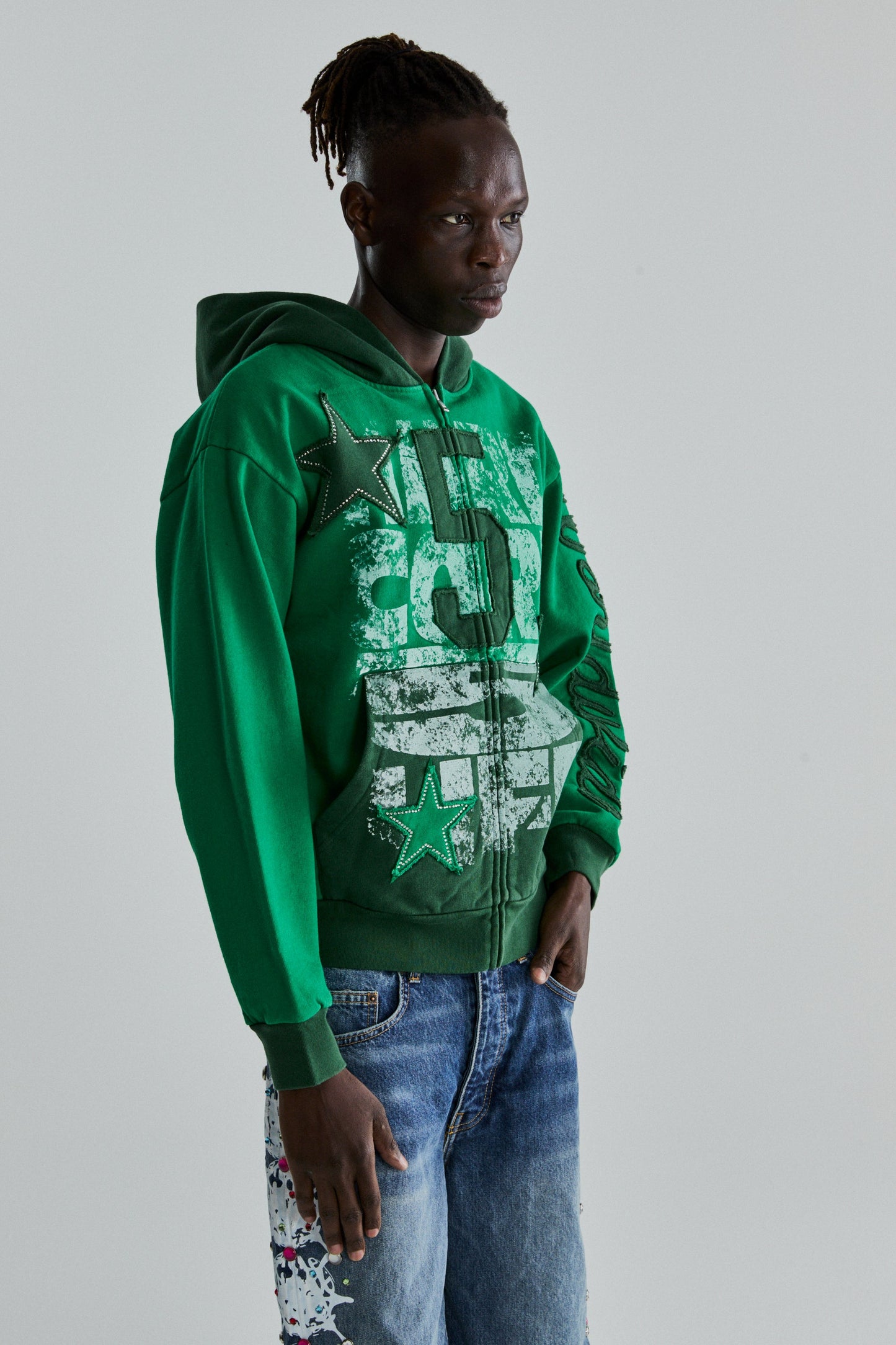 GREEN TRIPLE 5 STITCH ZIP UP ON MODEL