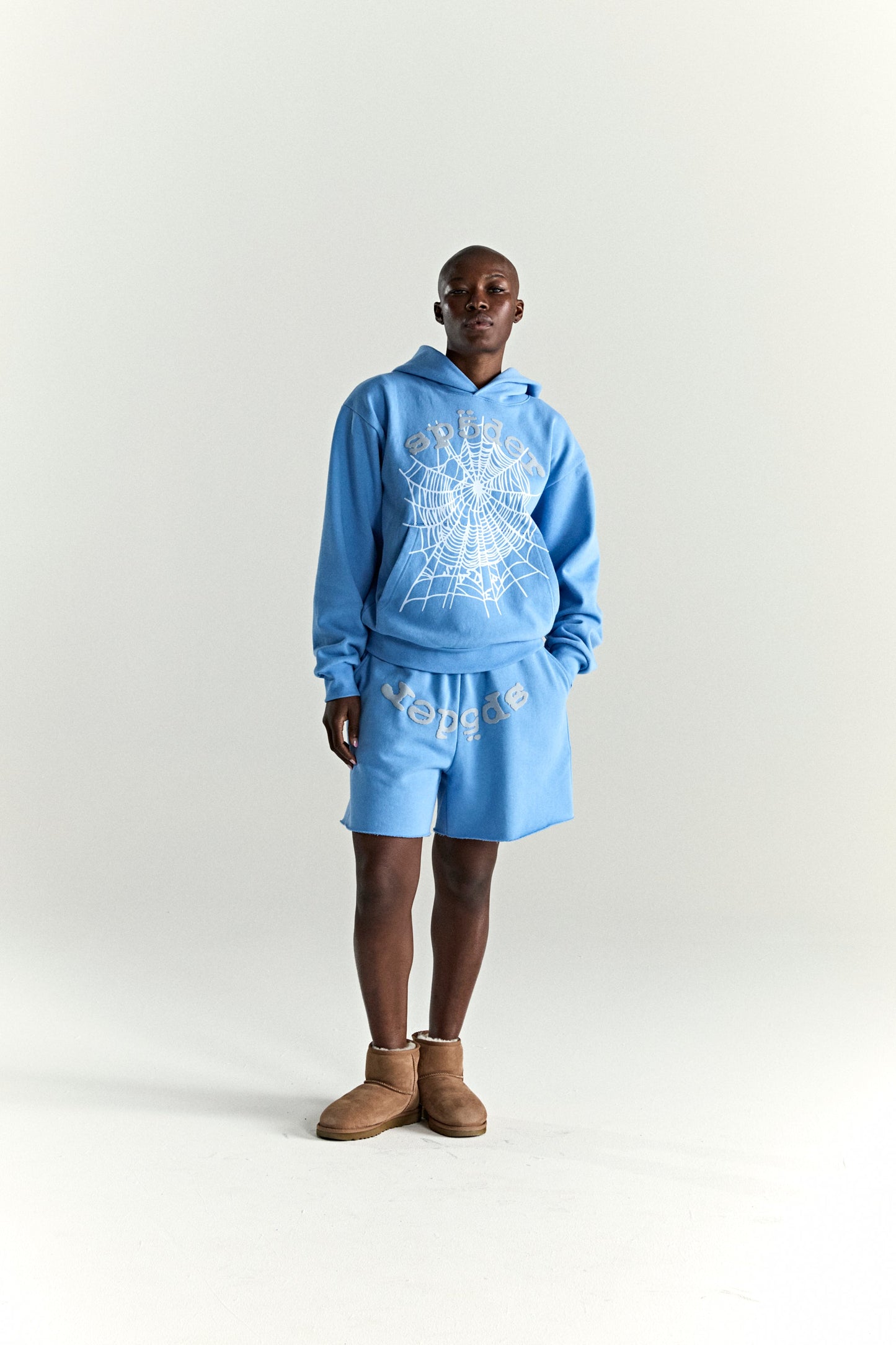 DUSTY BLUE OG WEB V2 HOODIE ON MODEL
