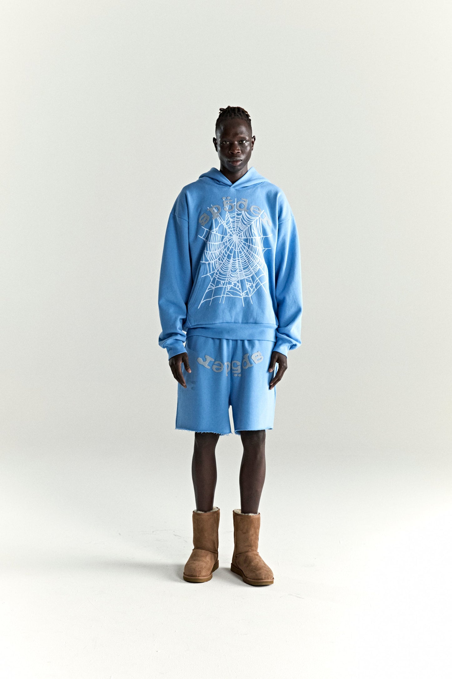 DUSTY BLUE OG WEB V2 HOODIE ON MODEL