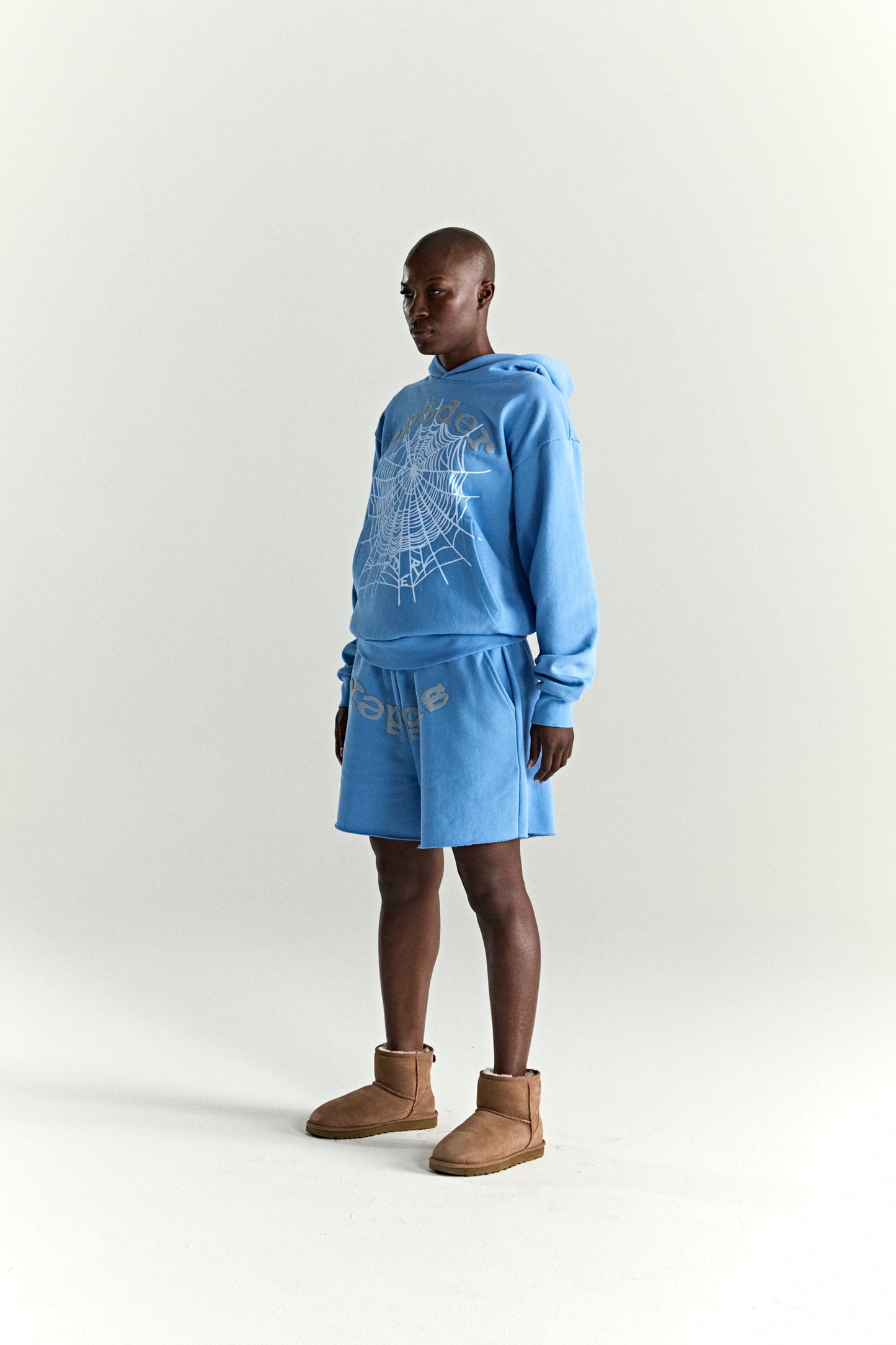 DUSTY BLUE OG WEB V2 HOODIE ON MODEL