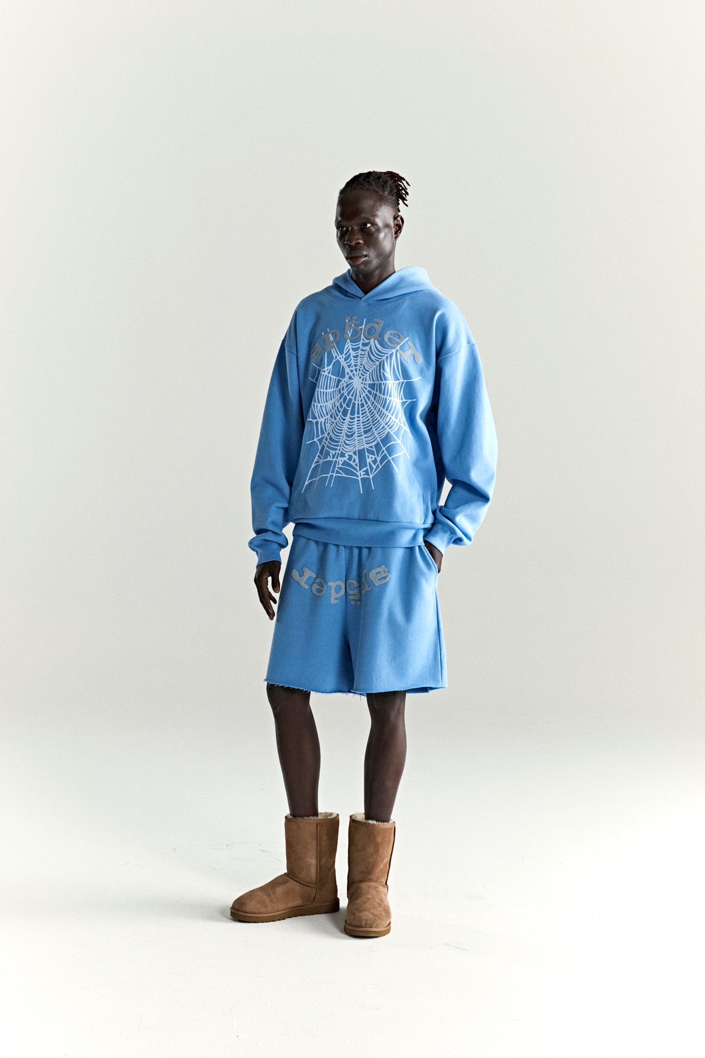 DUSTY BLUE OG WEB V2 HOODIE ON MODEL