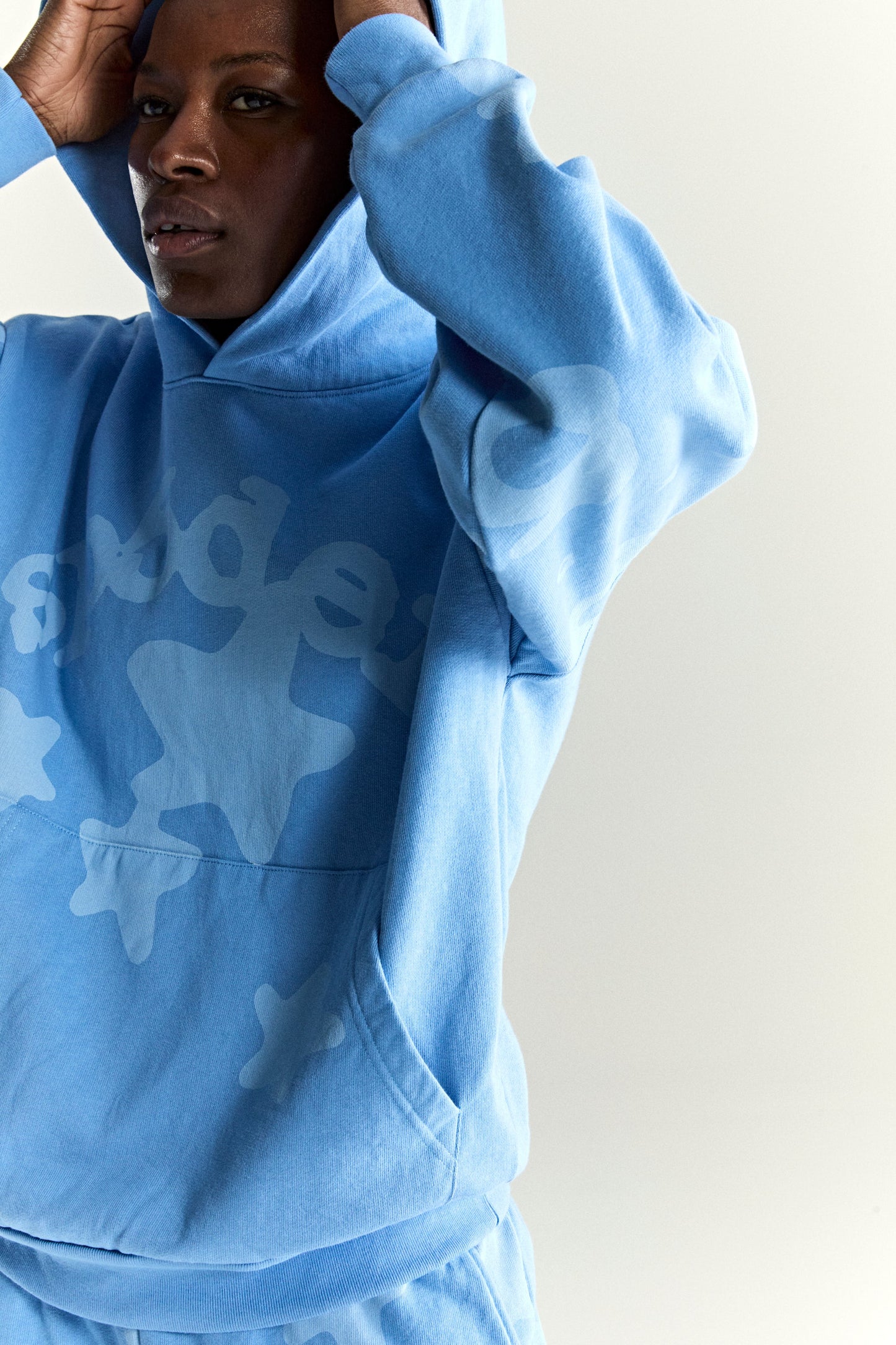 DUSTY BLUE BELUGA V2 HOODIE ON MODEL