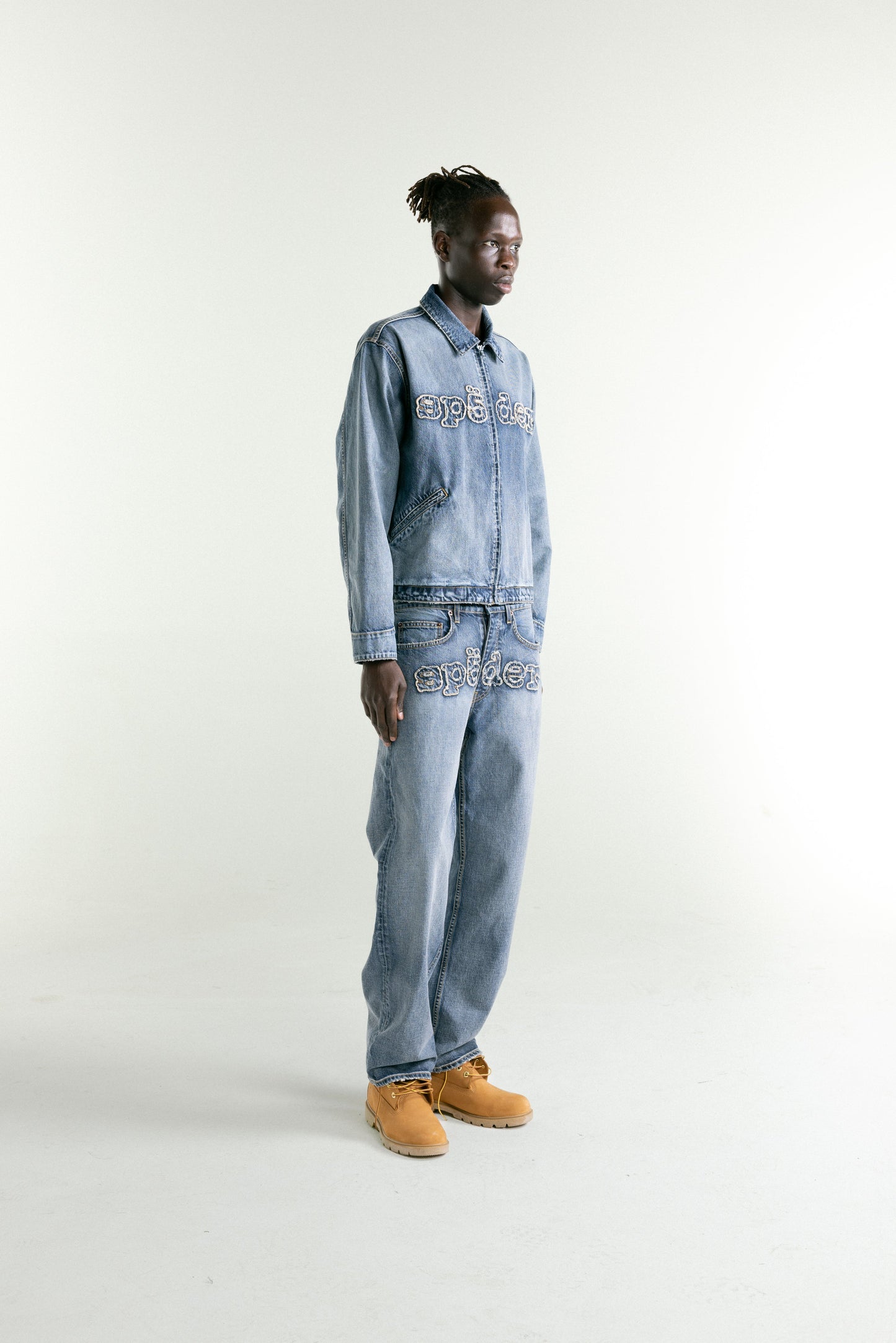 LIGHT BLUE WASH DENIM WORK JACKET ON MODEL