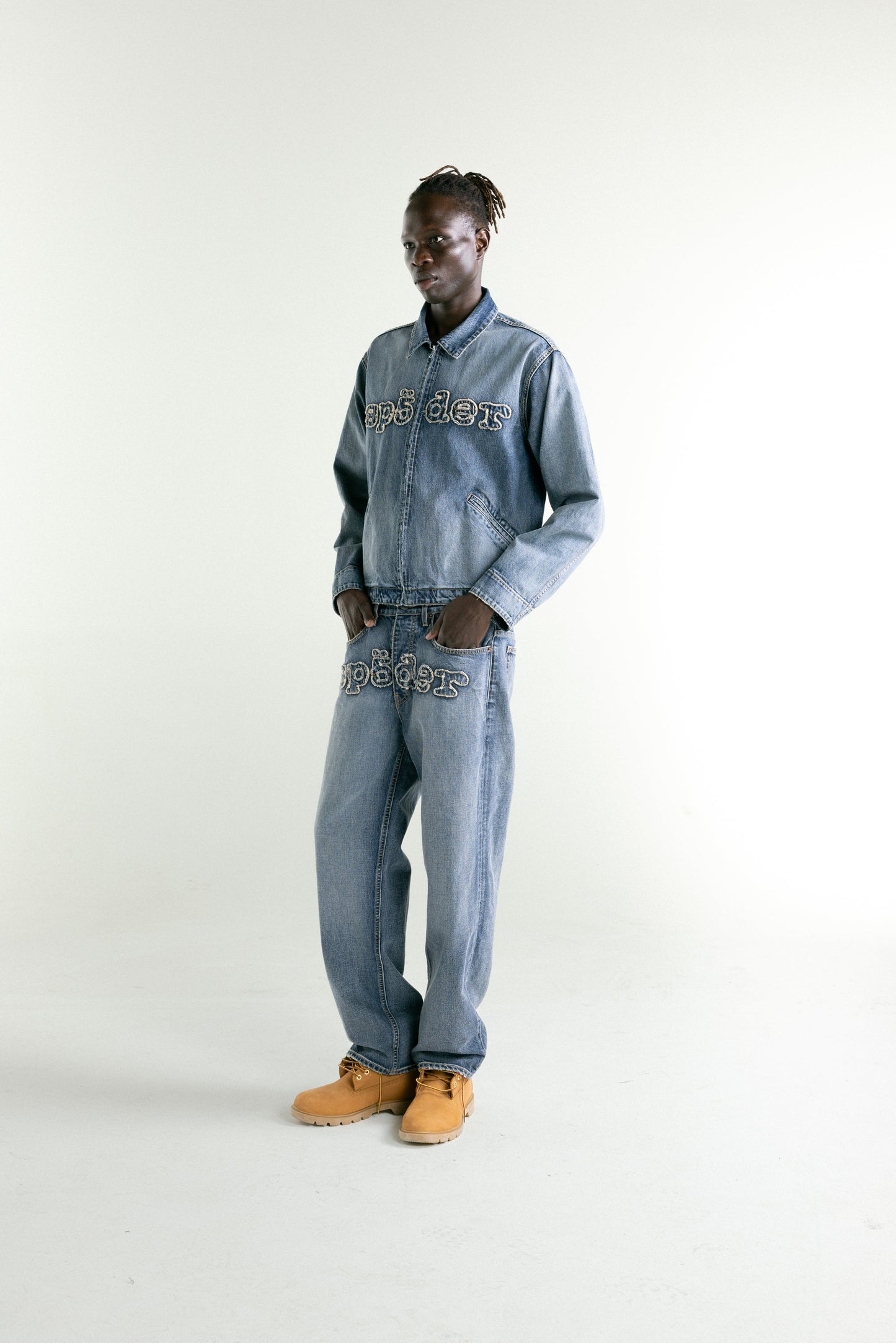LIGHT BLUE WASH DENIM WORK JACKET ON MODEL