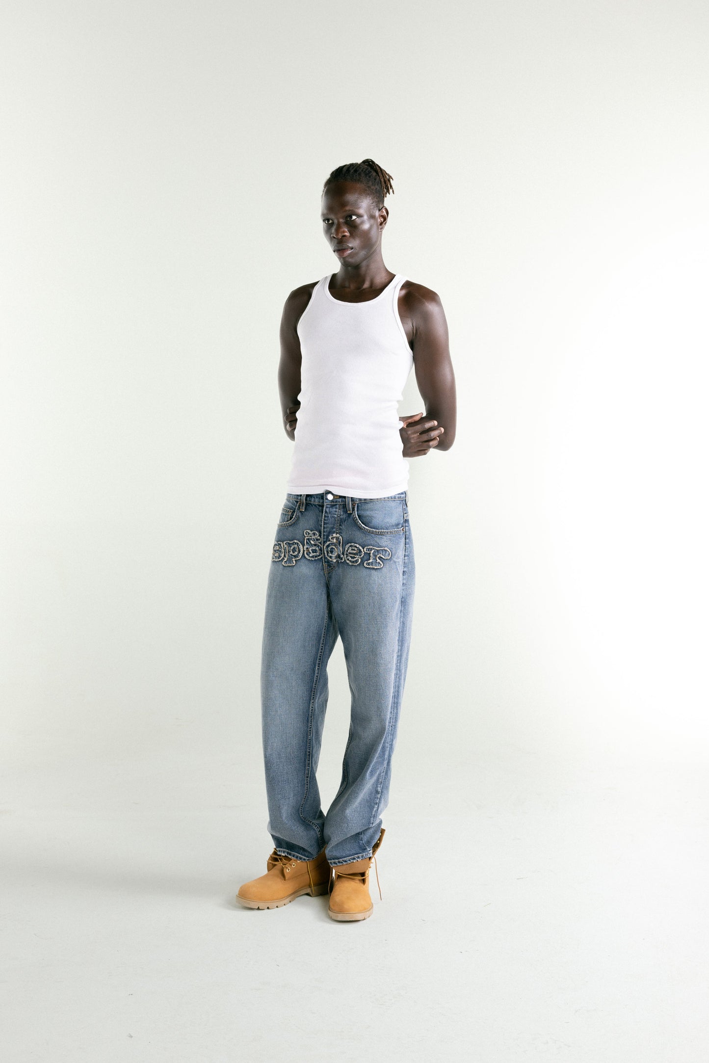 LIGHT BLUE WASH DENIM WORK PANT ON MODEL