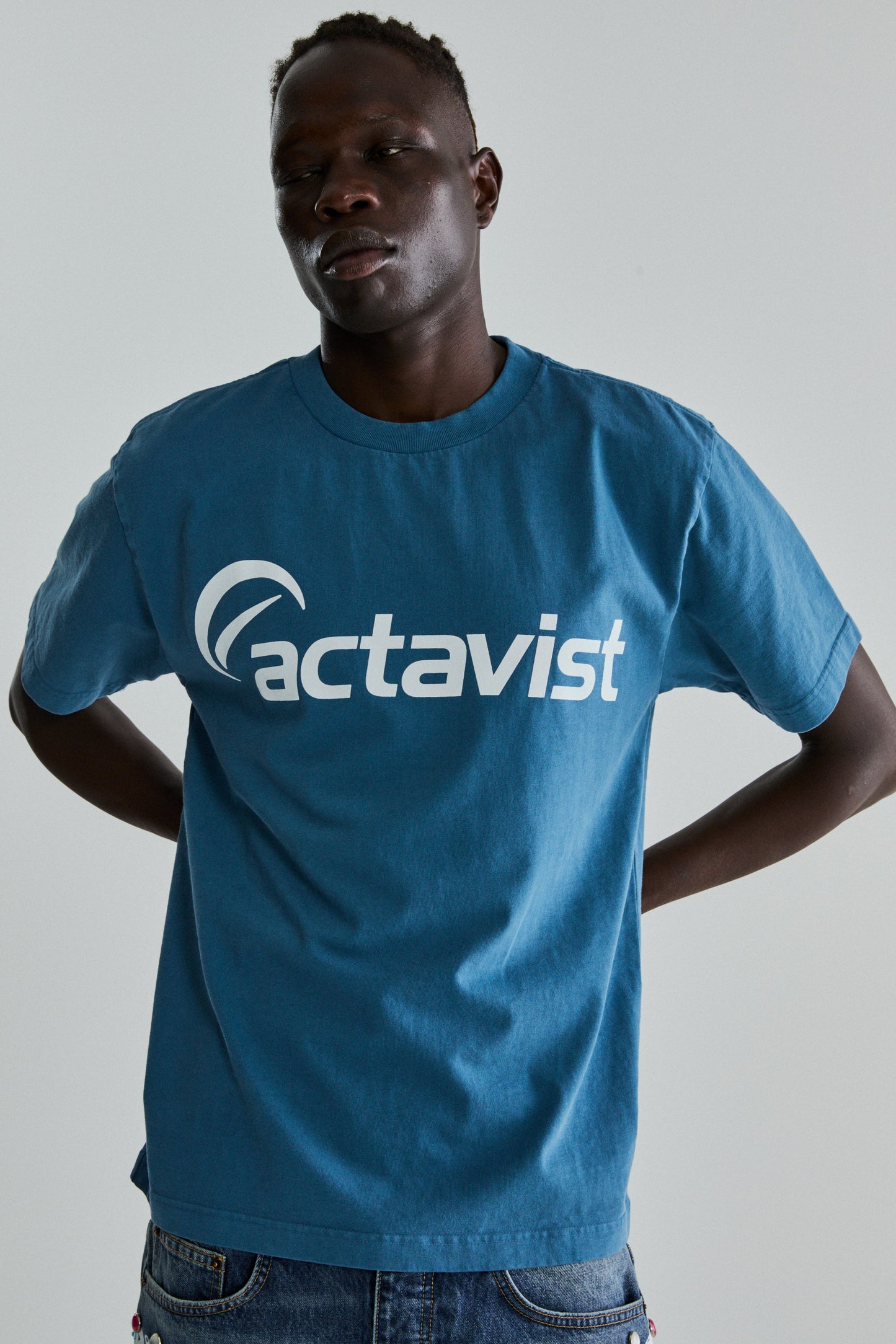 DUSTY BLUE ACTAVIST TEE ON MODEL