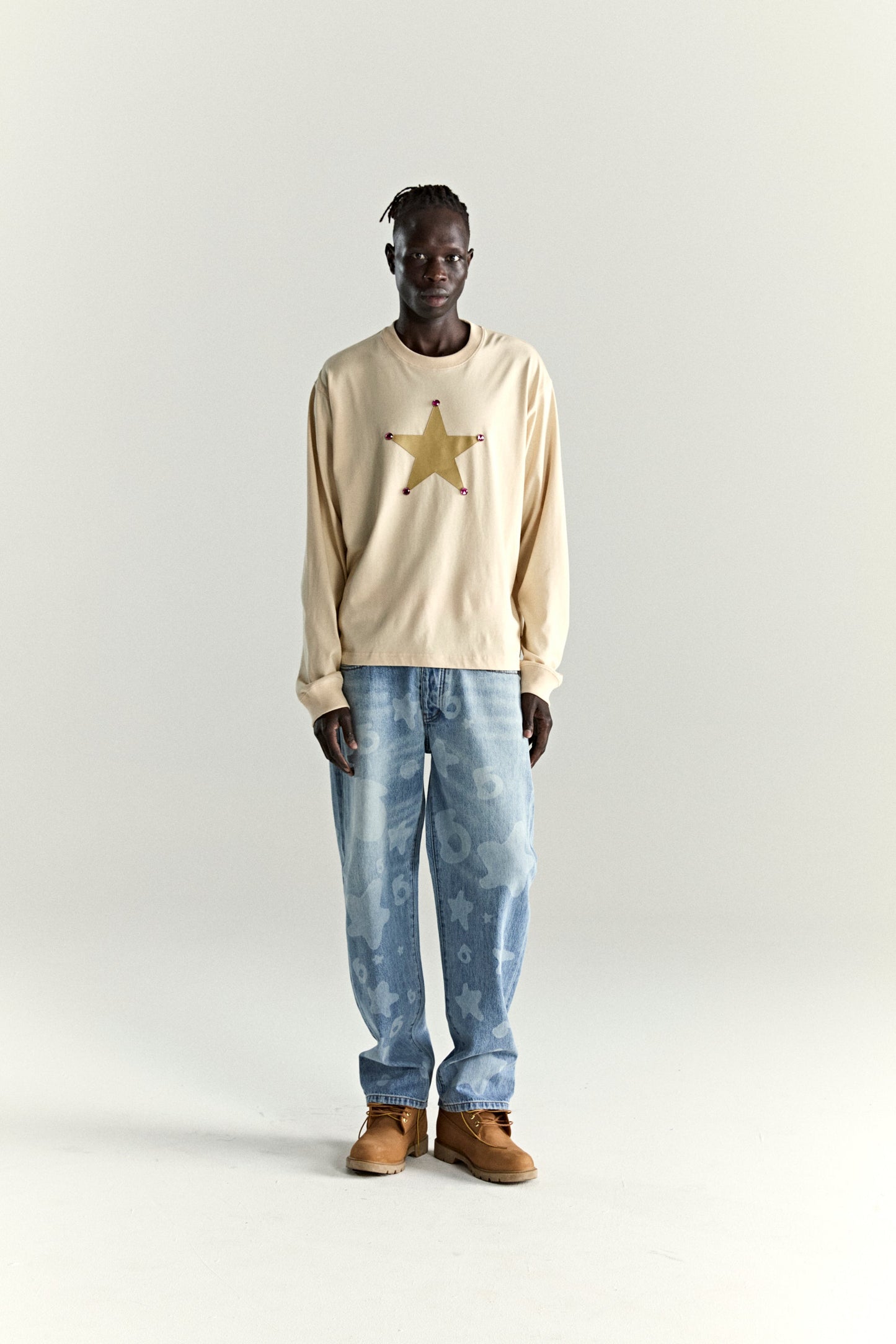 CREAM PORNSTAR LONGSLEEVE TEE ON MODEL
