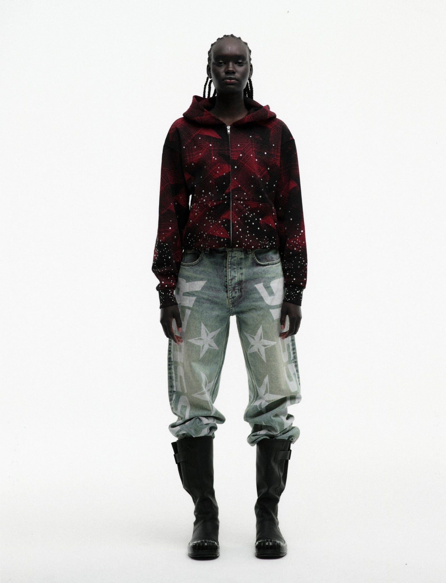 BLACK STAR PLAID FULL ZIP HOODIE ON MODEL