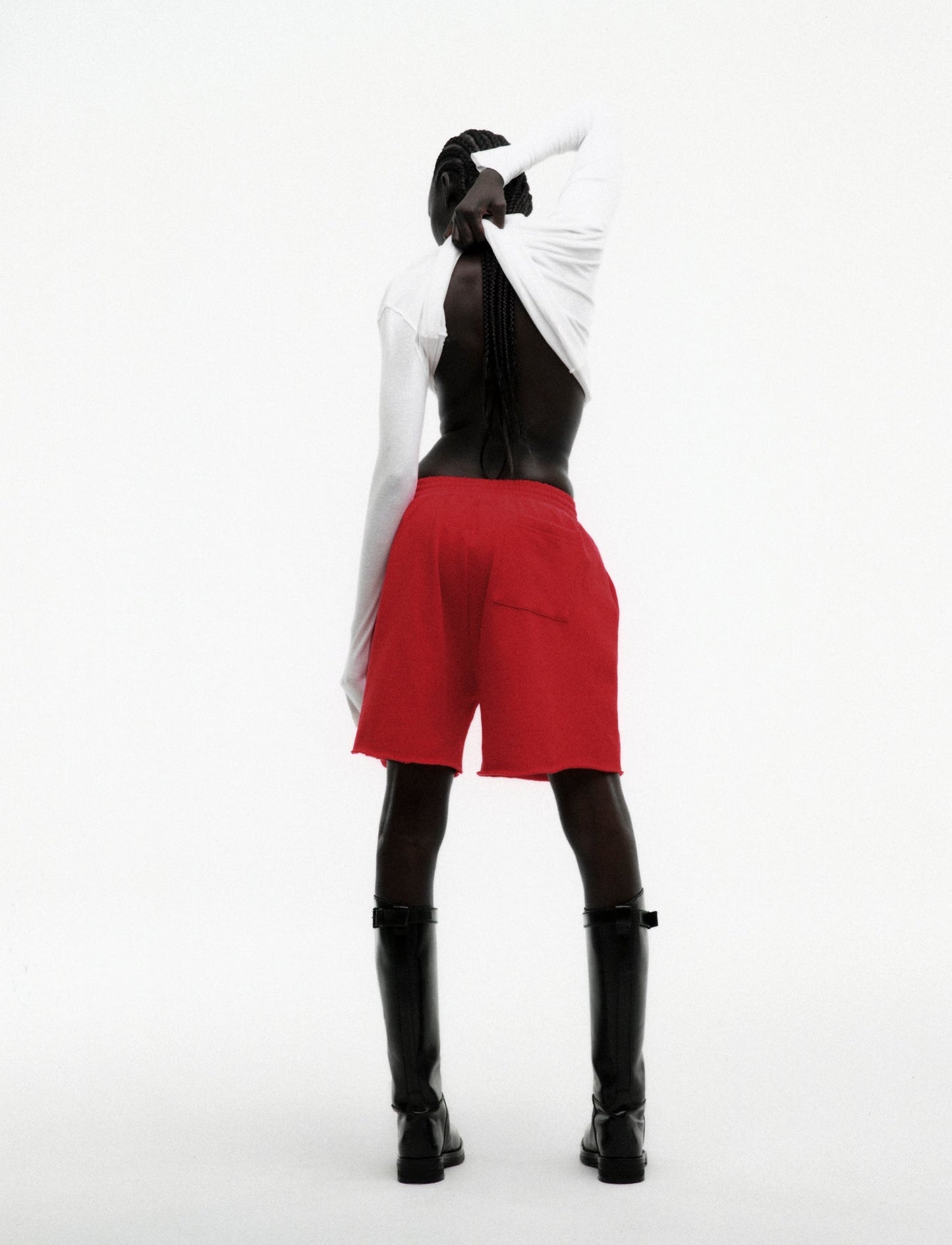 RED OG STUDDED SWEATSHORT ON MODEL