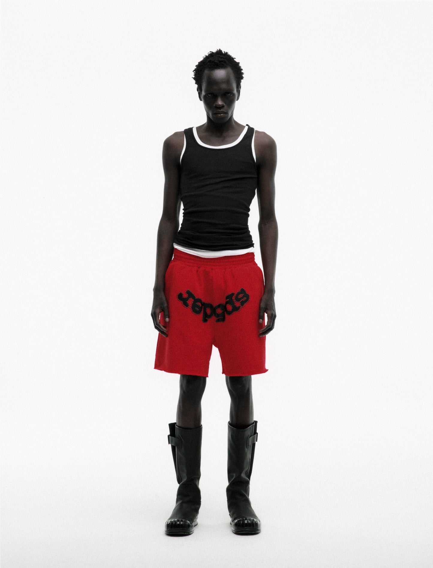 RED OG STUDDED SWEATSHORT ON MODEL
