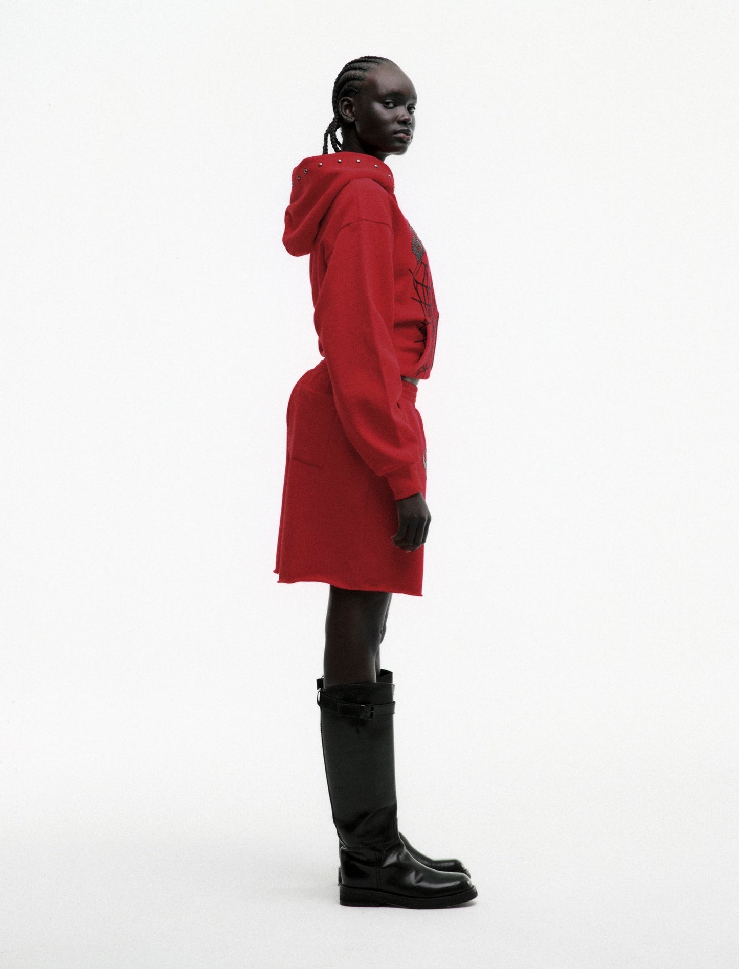RED OG WEB STUDDED ZIP HOODIE ON MODEL