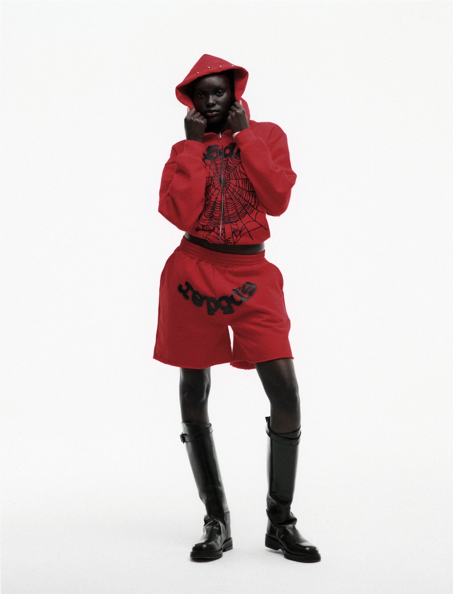 RED OG WEB STUDDED ZIP HOODIE ON MODEL