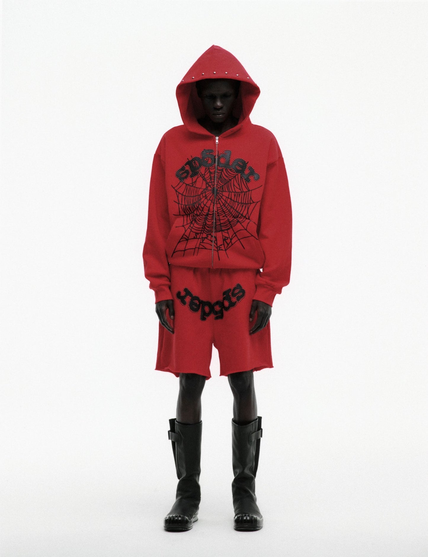 RED OG WEB STUDDED ZIP HOODIE ON MODEL