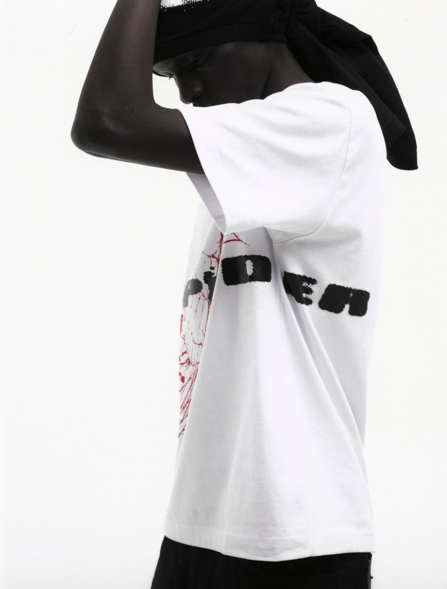WHITE SPINNER TEE ON MODEL