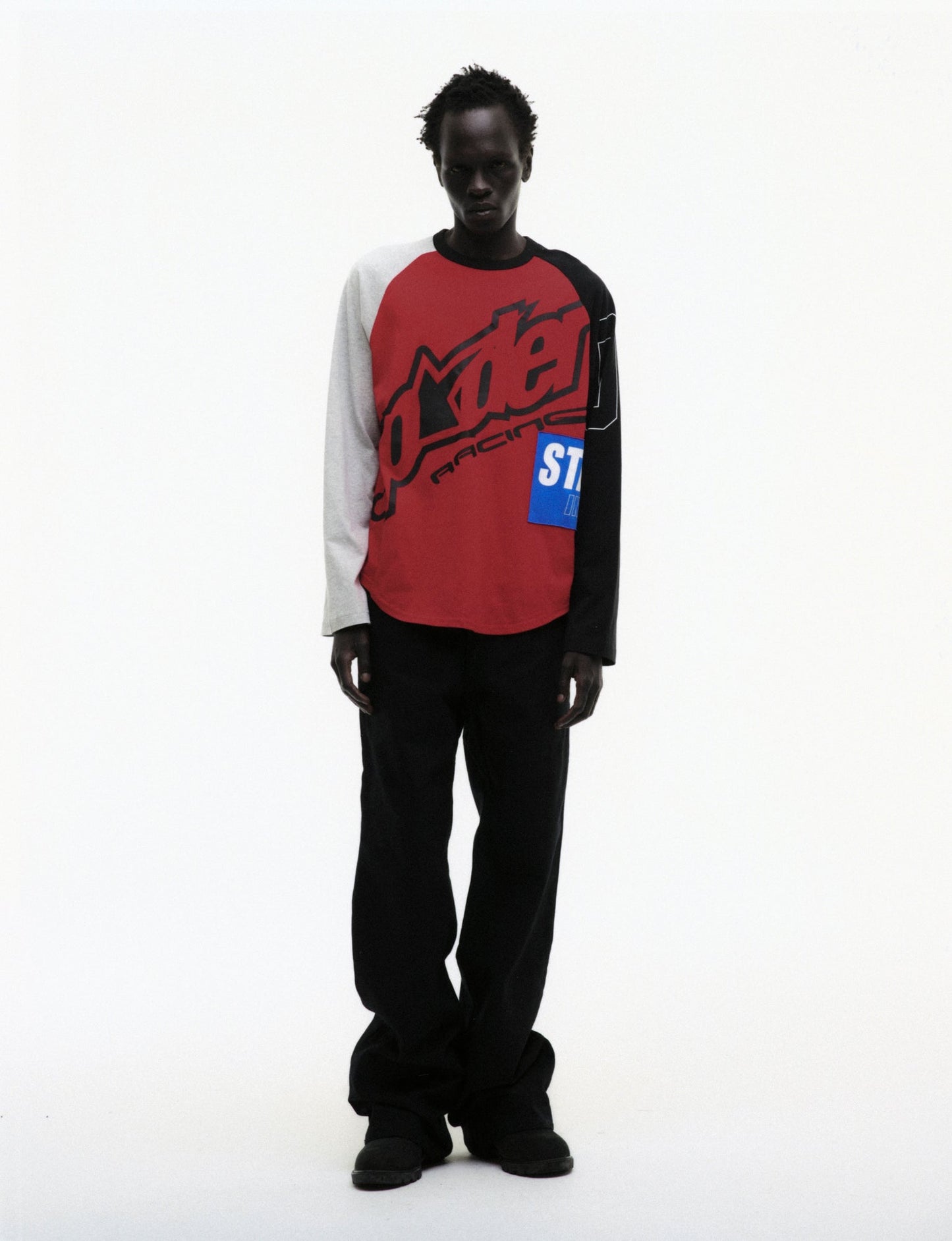 RED RALLY RAGLAN LONGSLEEVE ON MODEL