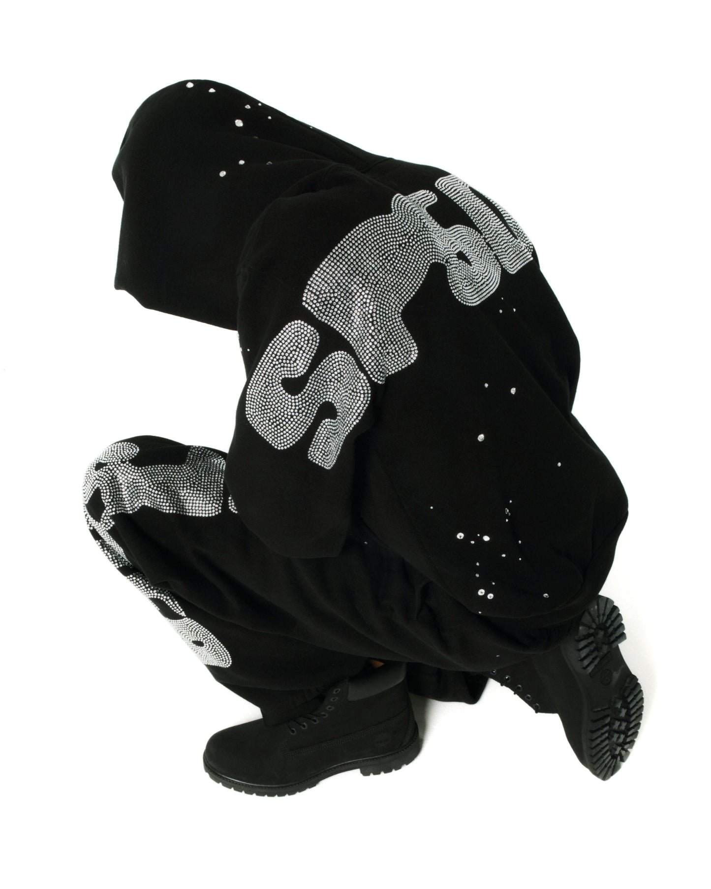 BLACK RHINESTONE SILK HOODIE ON MODEL