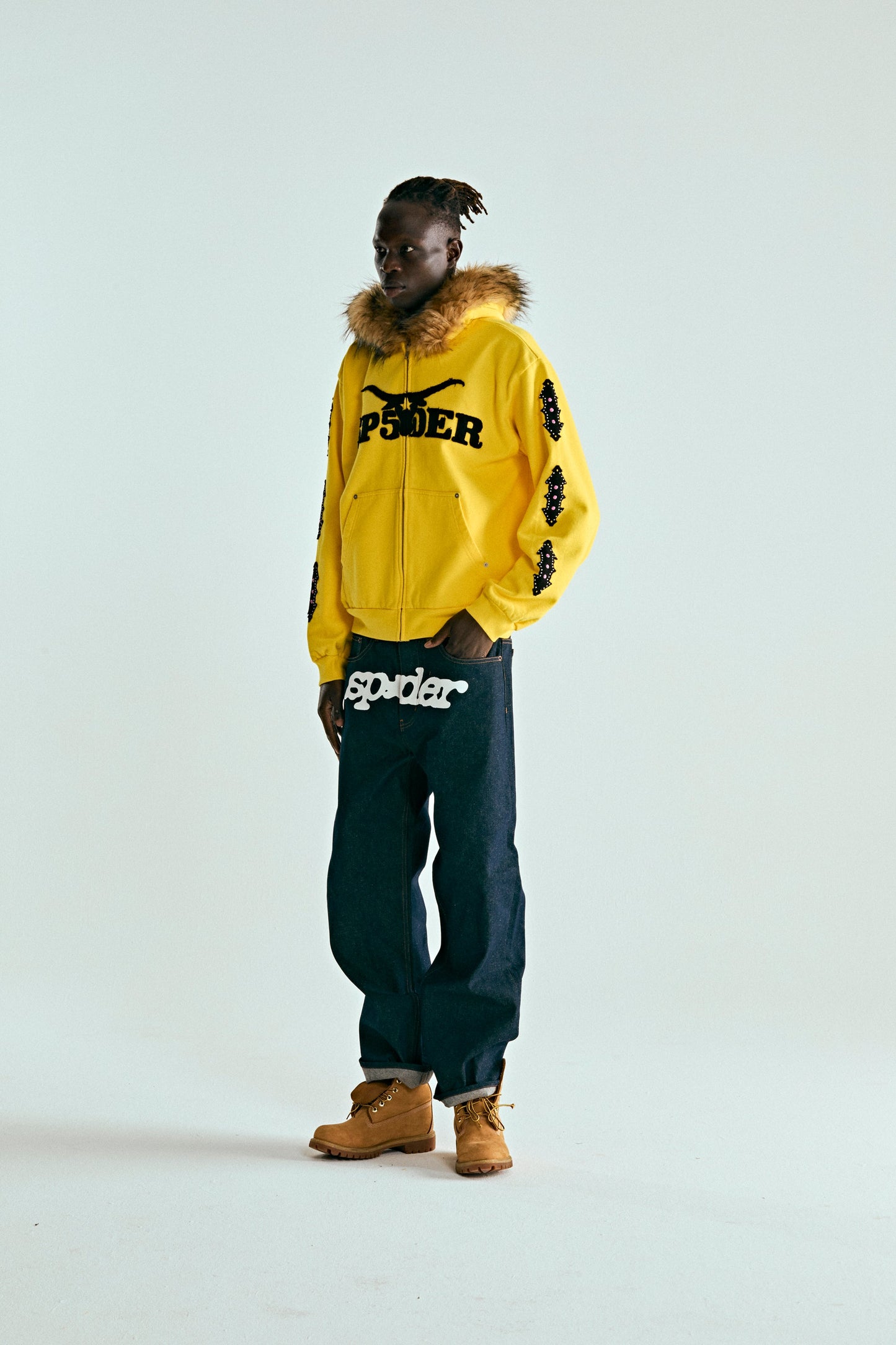 YELLOW FUR HOODED ZIP UP SWEATSHIRT ON MODEL